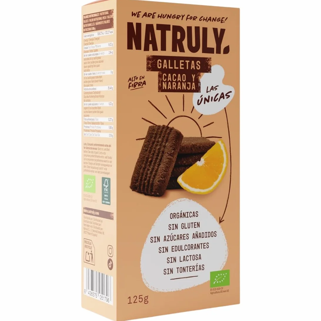 Pack 3 Galletas Natruly Bio 125 g (375 g) | Cacao, Cacao y Naranja y Canela | Ecológicas, veganas y sin gluten | Sin azúcares añadidos ni edulcorantes