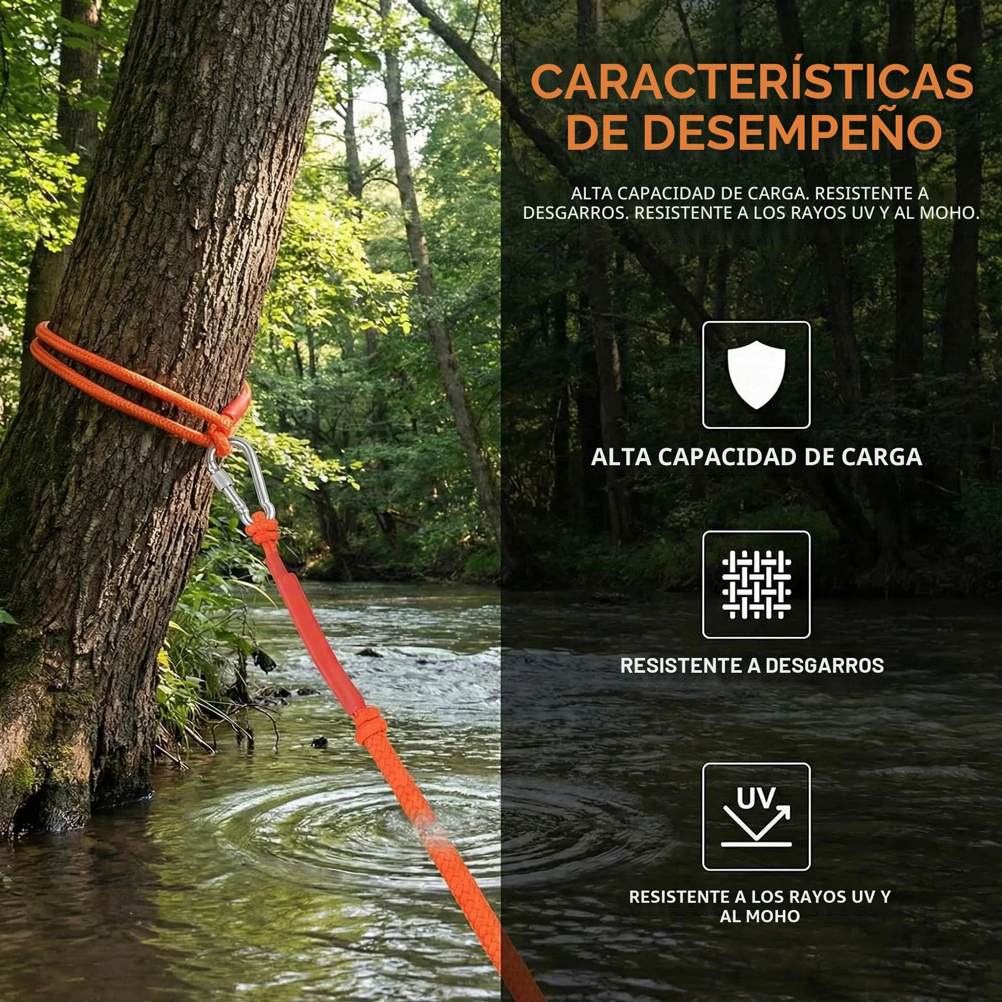 Cuerda de Escalada Auxiliar 20m 6mm con Mosquetón Naranja Multiusos