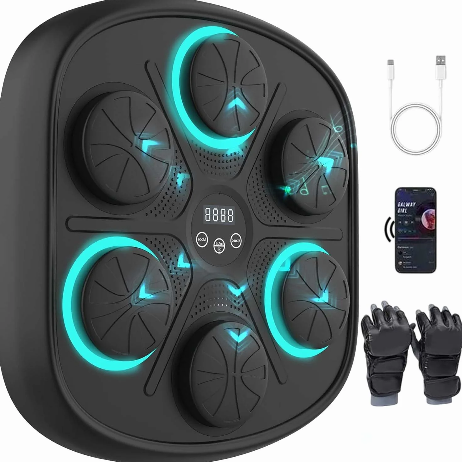 Maquina Boxeo Musical Pared Bluetooth 9 Velocidades Recuento Golpes Luces Ritmo Musica Incluye Guantes
