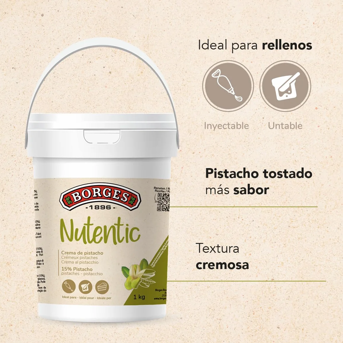 Borges Professional - Crema de Pistacho Nutentic 15% 1kg Sin Gluten, Sin Lactosa, Vegana, Baja en Azúcares, Sin Aceites Tropicales para Repostería