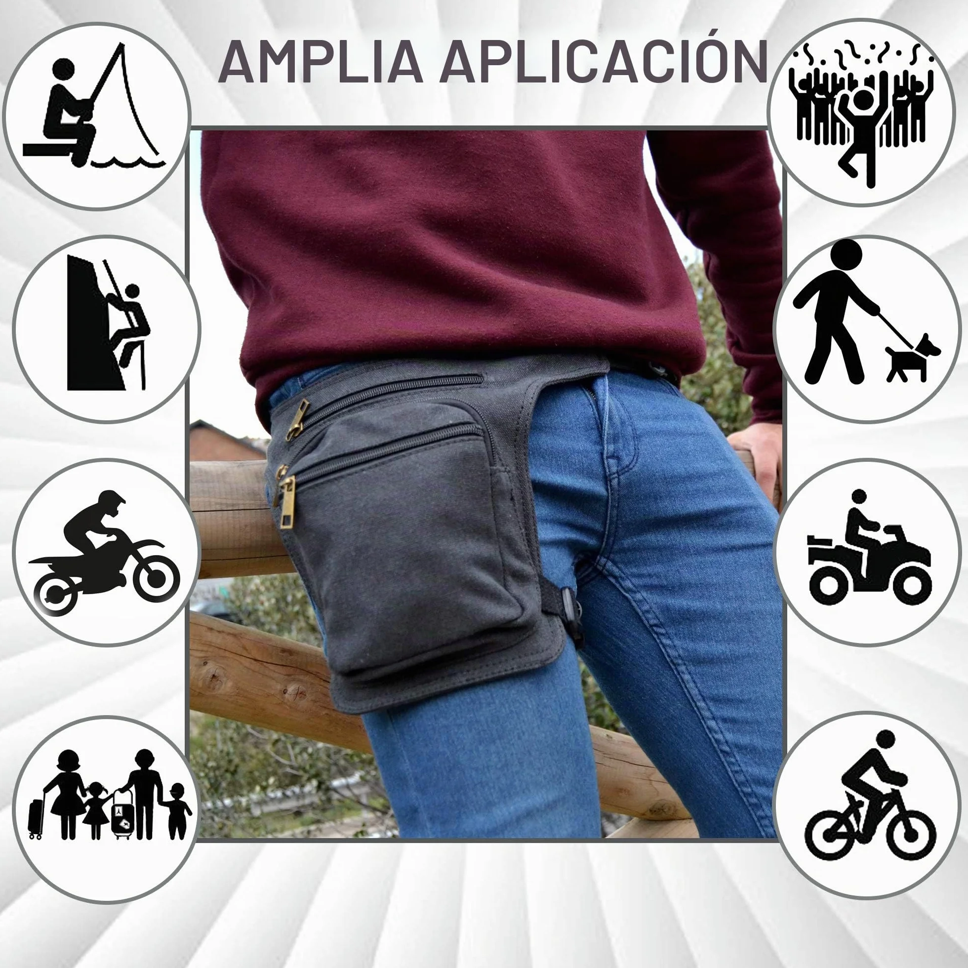 Riñonera Pierna Lateral Moto con Cremallera 3 Bolsillos Doble Sujeción Negro Plomo
