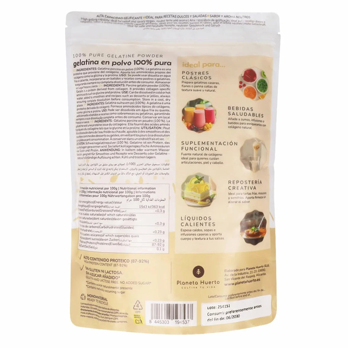 PLANETA HUERTO | Pack 3x Gelatina neutra en polvo fuente de colágeno 1 Kg