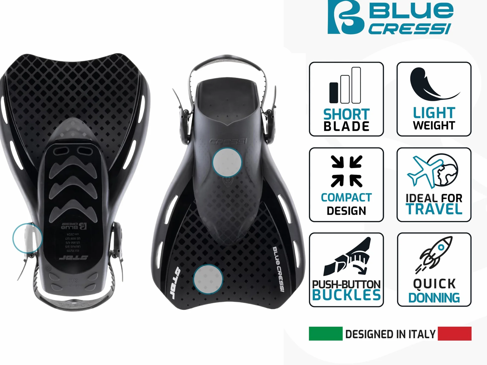 CRESSI Star Fins Aletas Compactas Ajustables Potente Pala Ventilada Cómoda Zapata para Nadar Snorkel Viajar Adultos