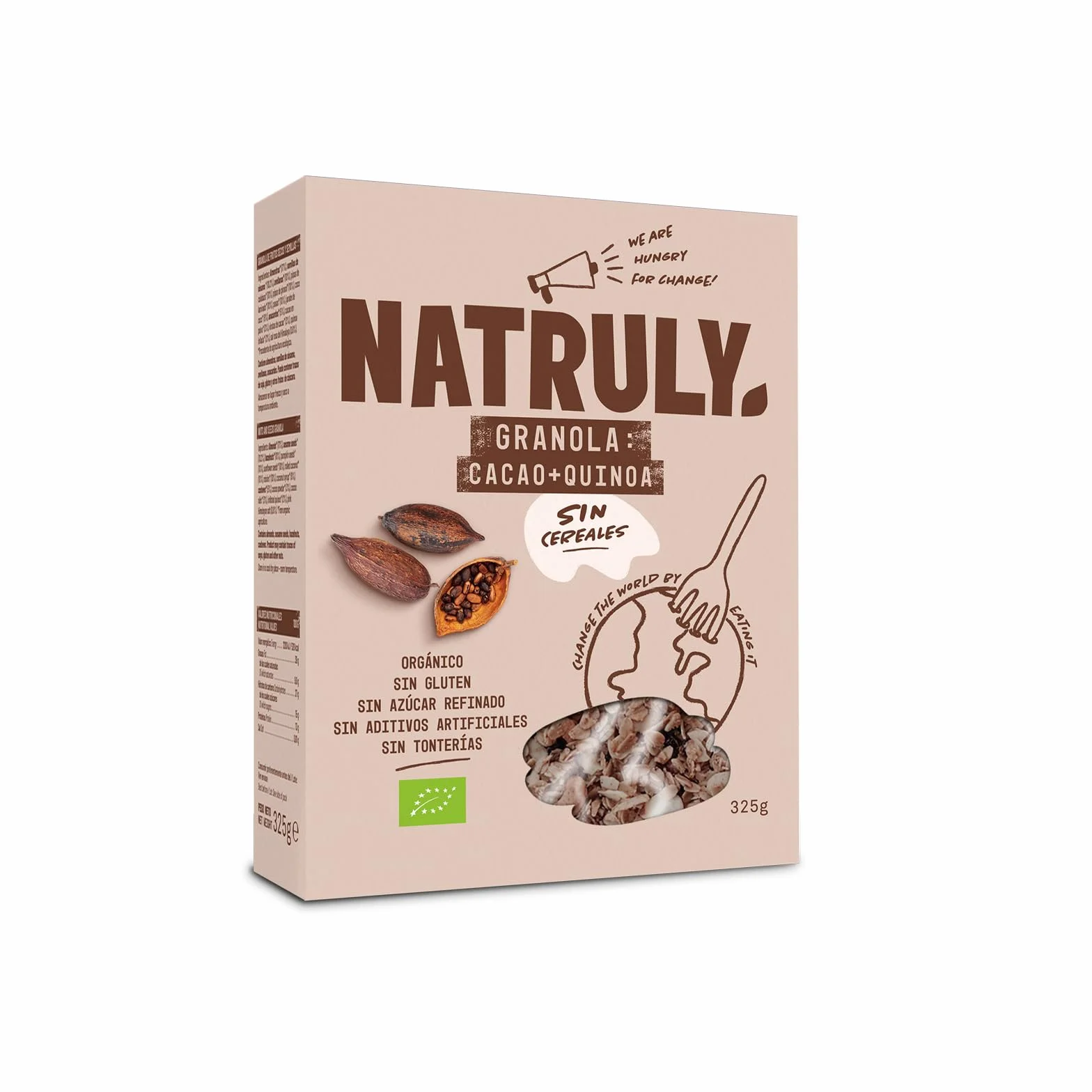 NATRULY Granola BIO Sin Azúcar Refinado, Sin Gluten, Solo Frutos Secos y Semillas, Sin Cereales, Sabor Cacao - Pack 6x325g