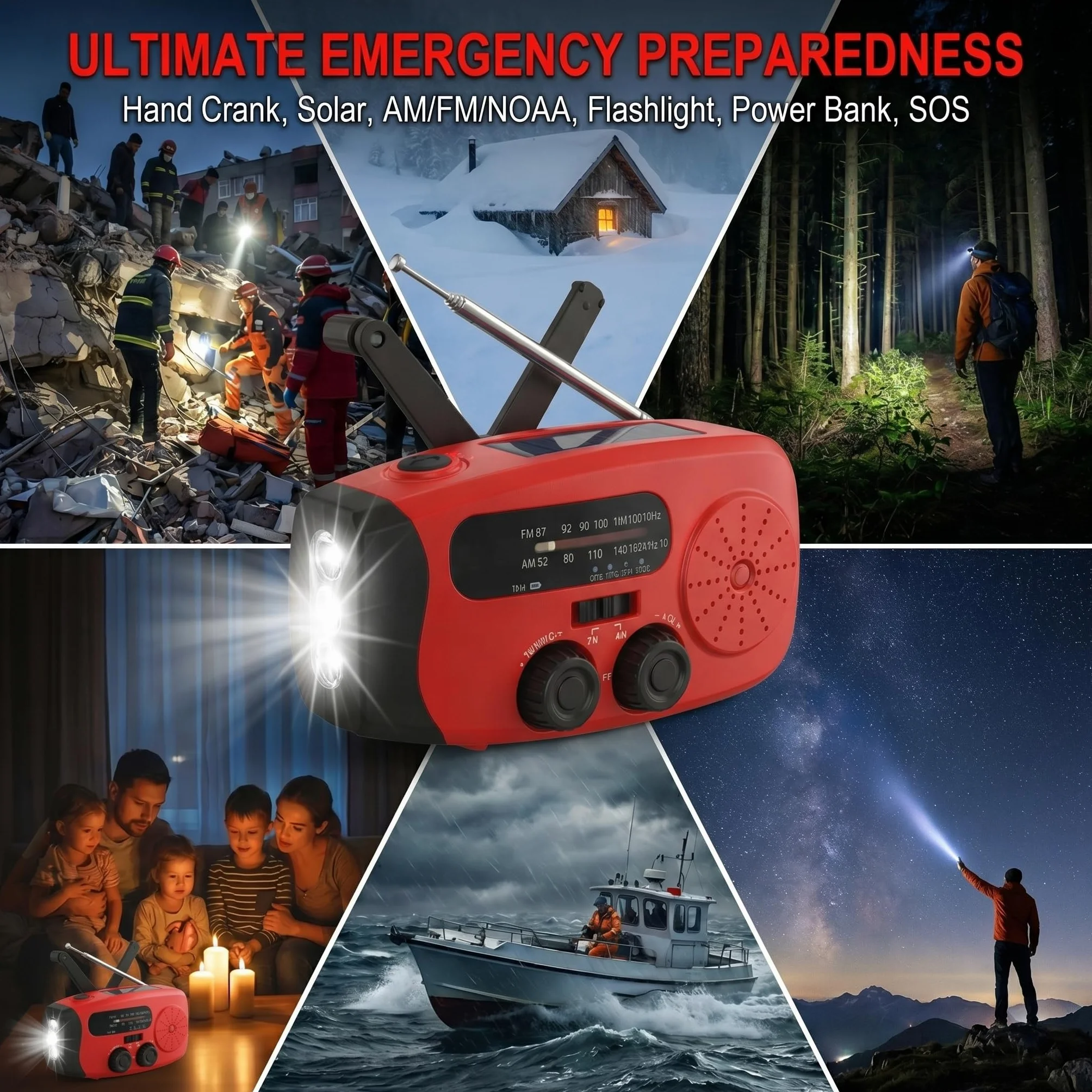 Radio Portátil de Emergencia Solar con Powerbank 2000mAh y Linterna LED, SOS-Alarm para Camping y Huracán