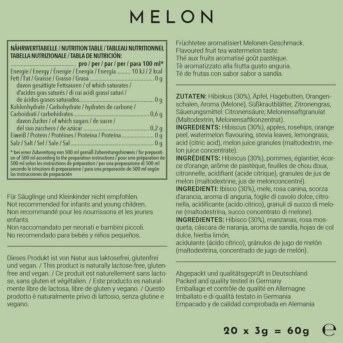 720°DGREE Sabor para Agua "InFuuzed" - Melón 1x 20 sobres - Bebida fría sin Azúcar, Calorías - Naturalmente deliciosa para botella - Alternativa a limonada, té helado, jarabe, pastillas efervescentes