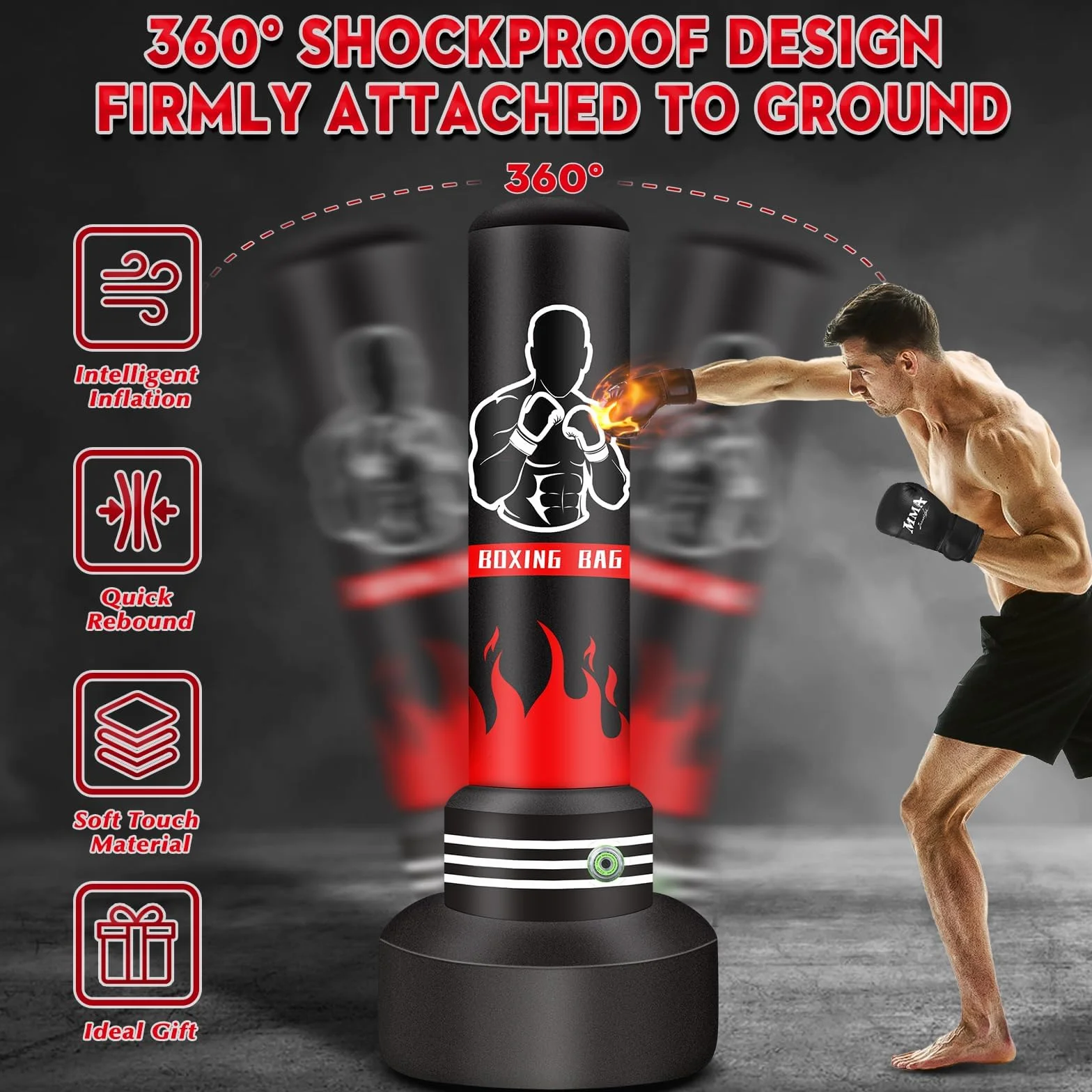 Saco de Boxeo 180cm Pesado Autoinflable con Guantes y Bomba de Aire para Entrenamiento MMA Muay Thai
