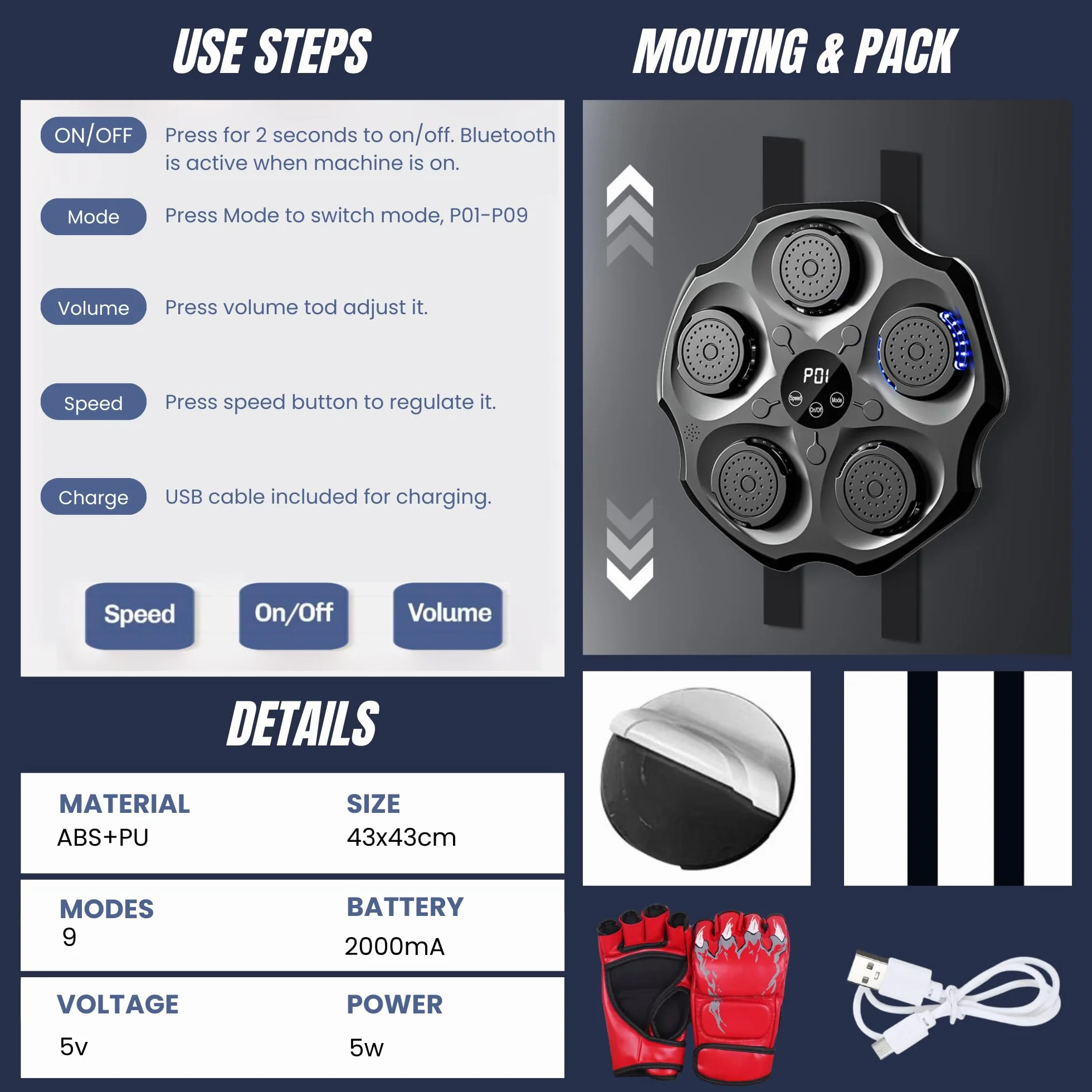 MAGIC SELECT Máquina de Boxeo Musical, Almohadilla de Boxeo LED con Guantes, Bluetooth, Luces al Ritmo