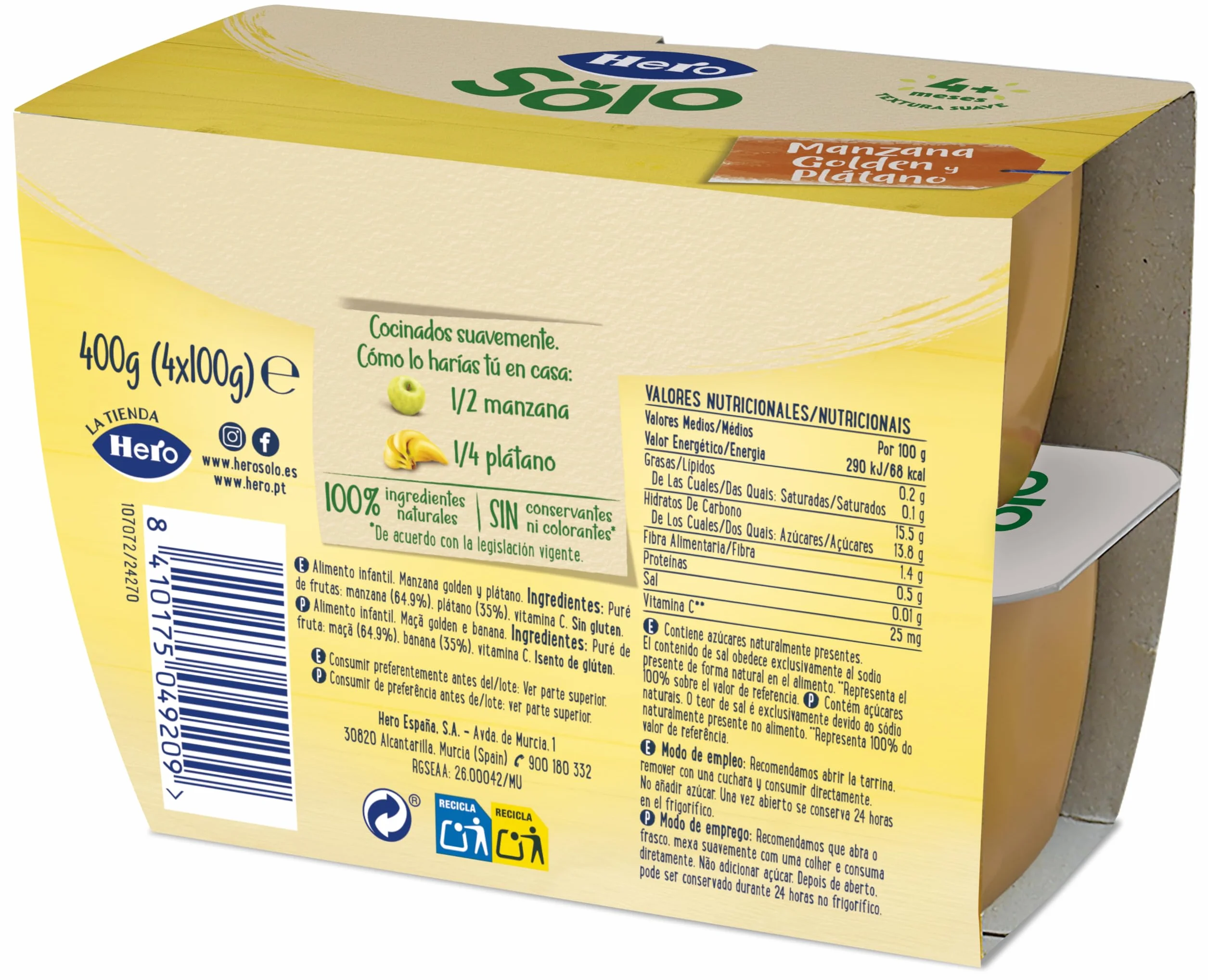 Hero Baby Tarrito Infantil - Tarritos Multifrutas Selectas, Sin Aceite de Palma, Sin azúcares añadidos, Para Bebés desde 4 meses, 100% Fruta, 6 Packs de 4x100gr