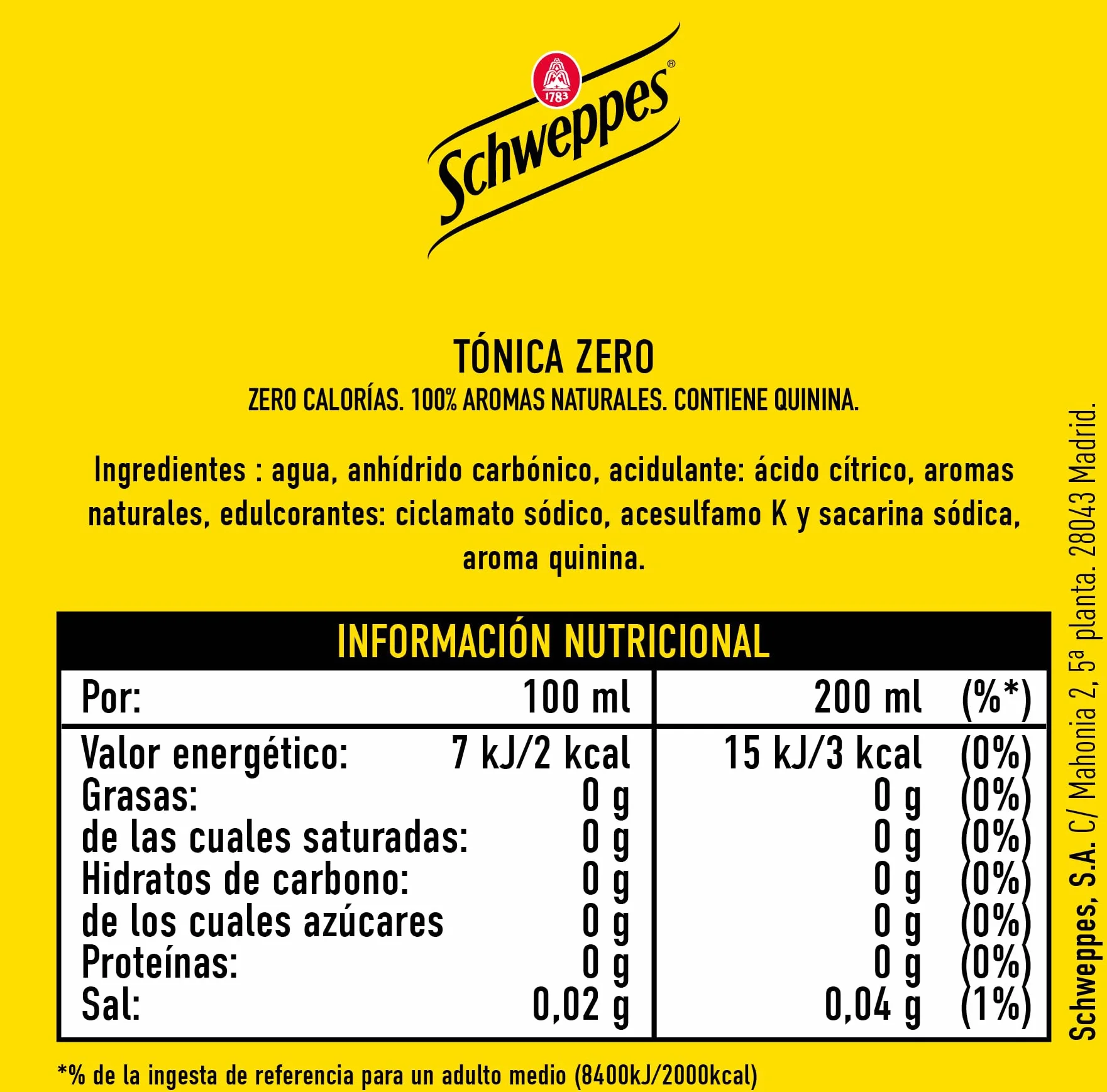 Schweppes Tónica Zero, Bebida Refrescante Sin Azúcar ni Calorías - Lata, Pack 24 x 33 cl