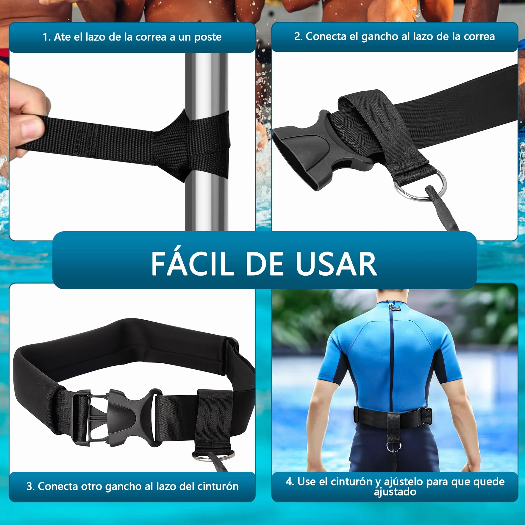 Boosteady Cinturón de Natación 3,6 M Ajustable para Piscina Entrenamiento Niños Adultos