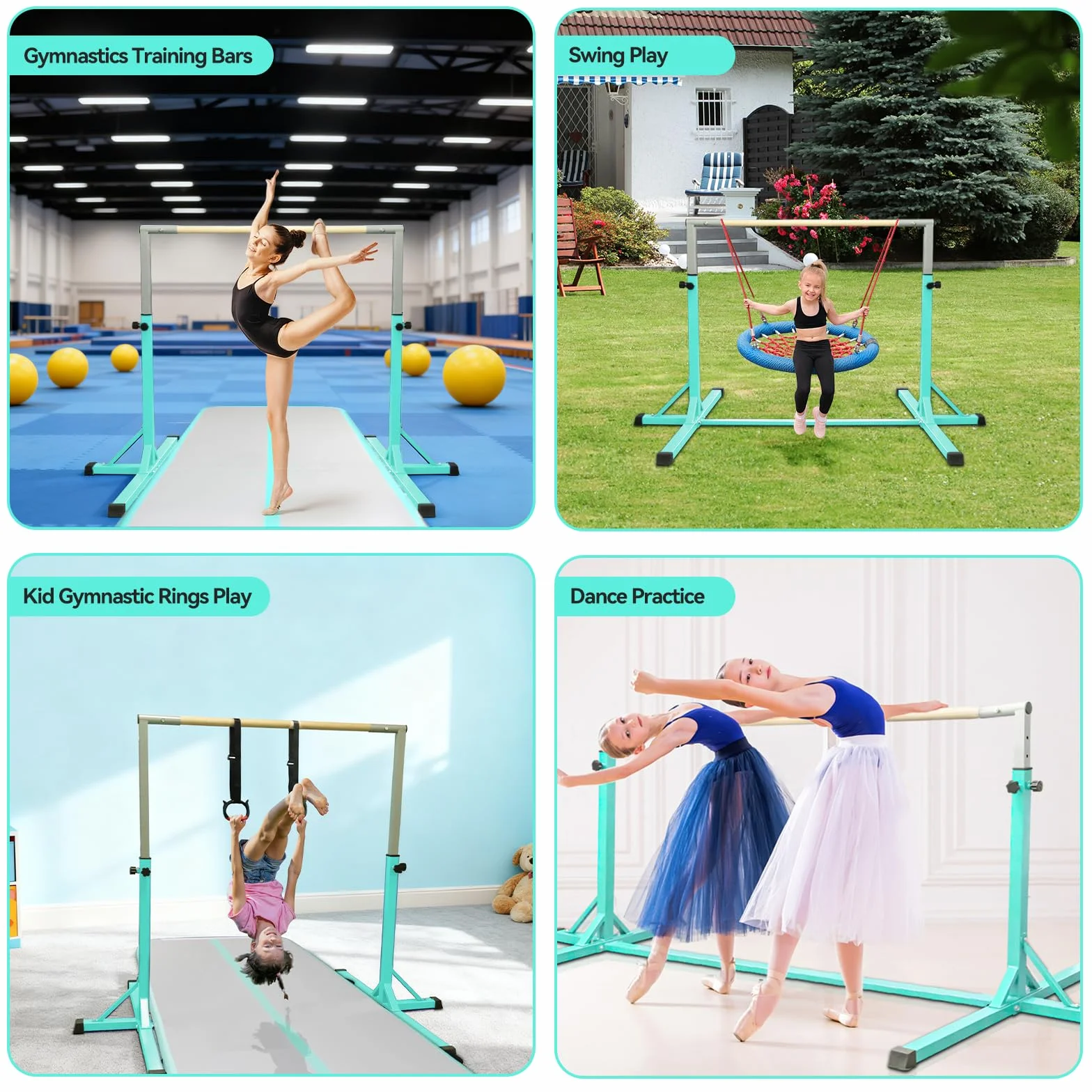 FBSPORT Barra de Gimnasia para Niños Altura Ajustable 13 Niveles con Anillos Expandible Verde