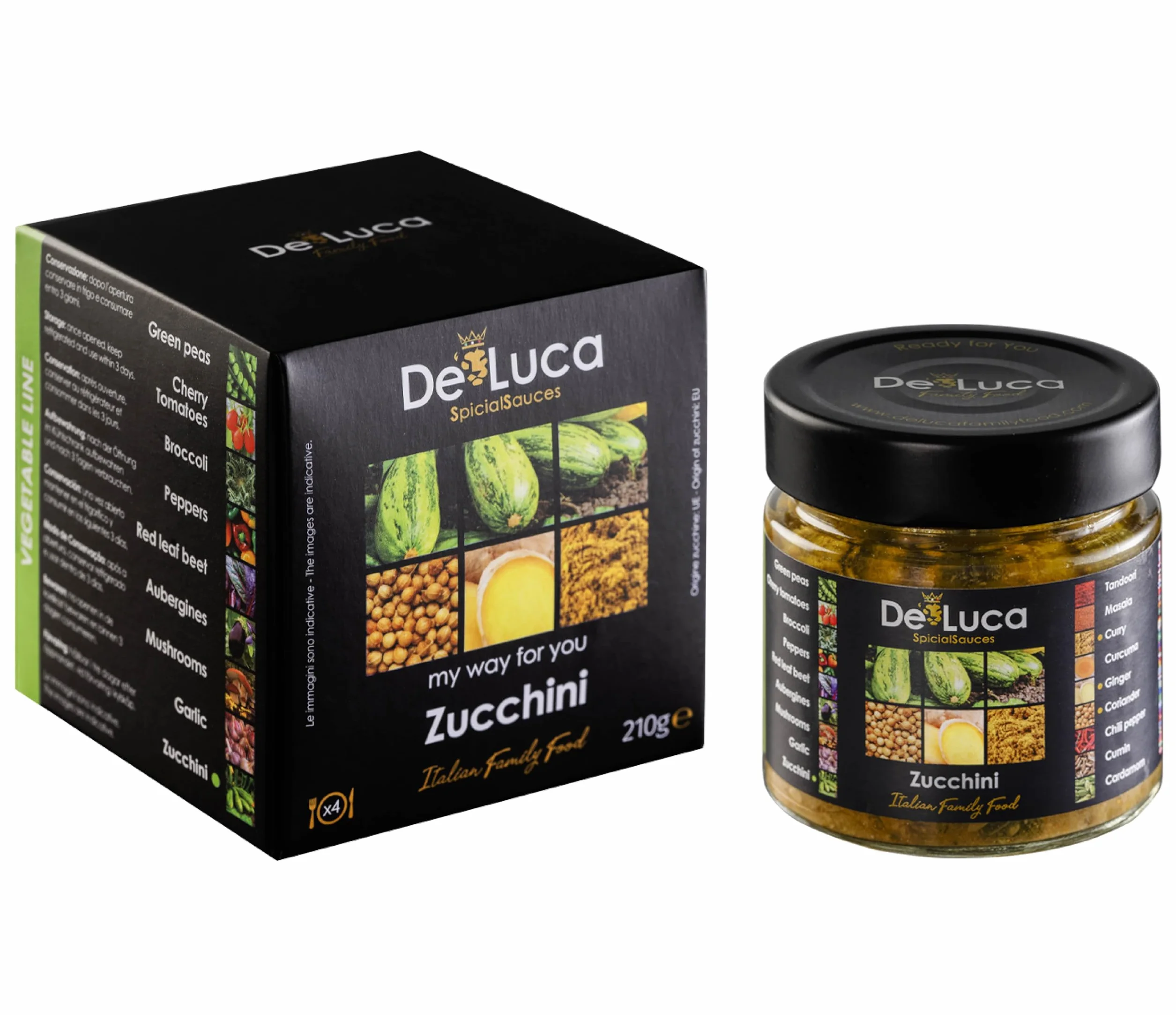 De Luca Family Food: 5 salsas Made in Italy, especiadas y listas para usar. Tomato 220gr, Tomato Tandoori 220gr, Olives Tomato 220gr, Zucchini 210gr, Mushrooms 210gr. Vegetarianos.