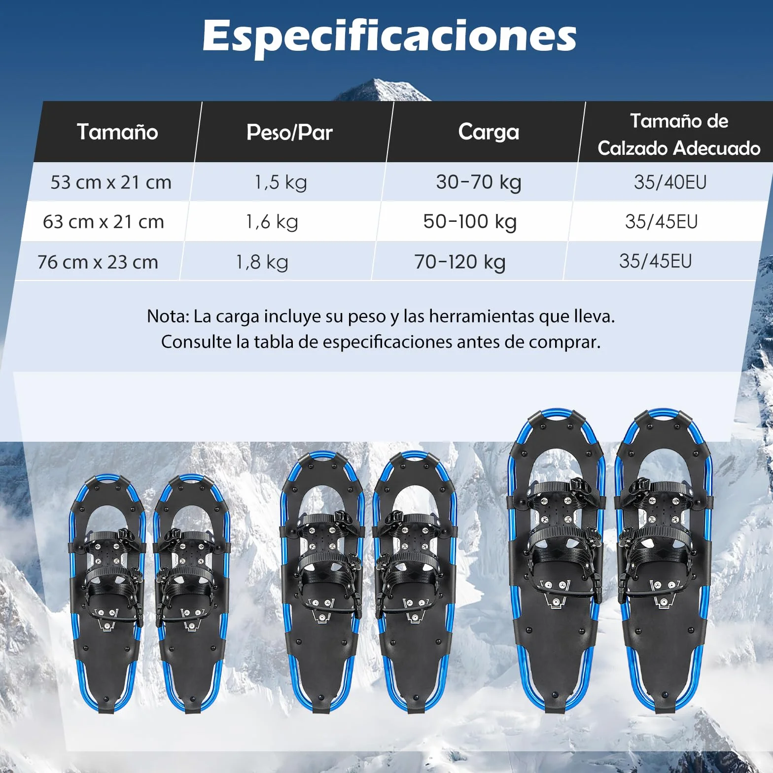 GYMAX Juego de Raquetas de Nieve 3en1 Aluminio 53/63/76 cm Bastones de Trekking Bolsa de Transporte