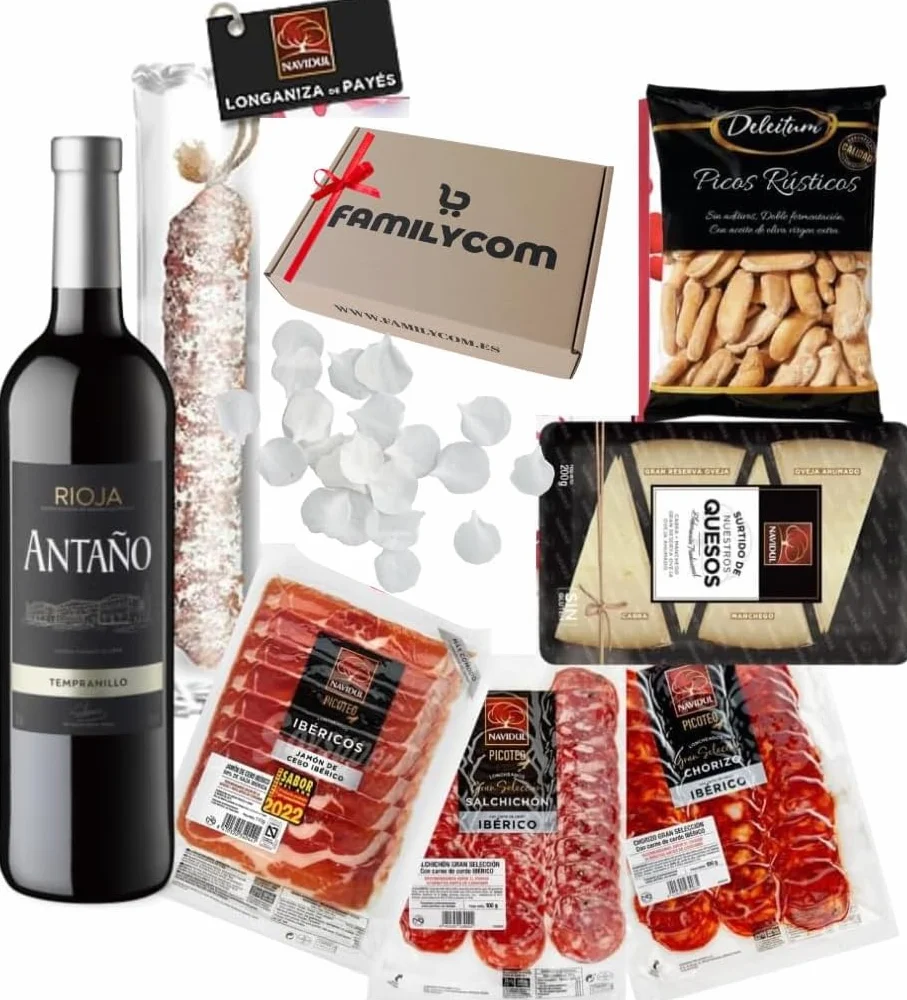 Familycom Cesta Gourmet con Ibéricos Navidul - Surtido Jamón Ibérico, Quesos, Embutidos, Aceitunas, Vino tinto