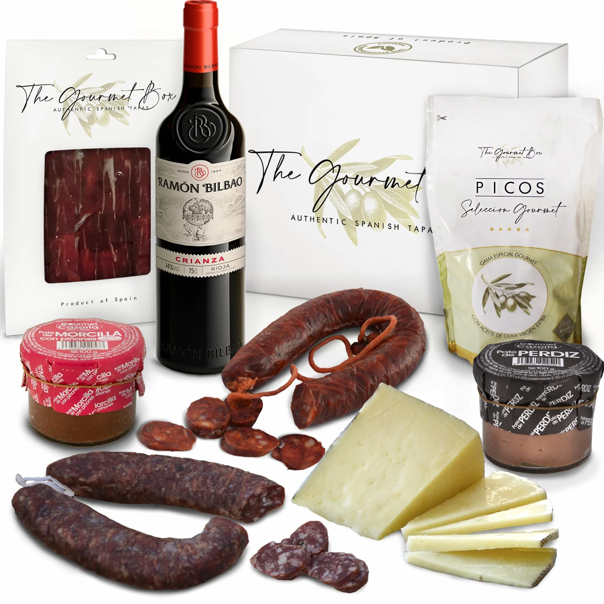 GOURMET BOX | Cesta Gourmet con Vino | Productos Ibéricos Delicatessen, Queso de Oveja 100%, Patés (Morcilla y Perdiz), Picos Gourmet y Vino Ramon Bilbao