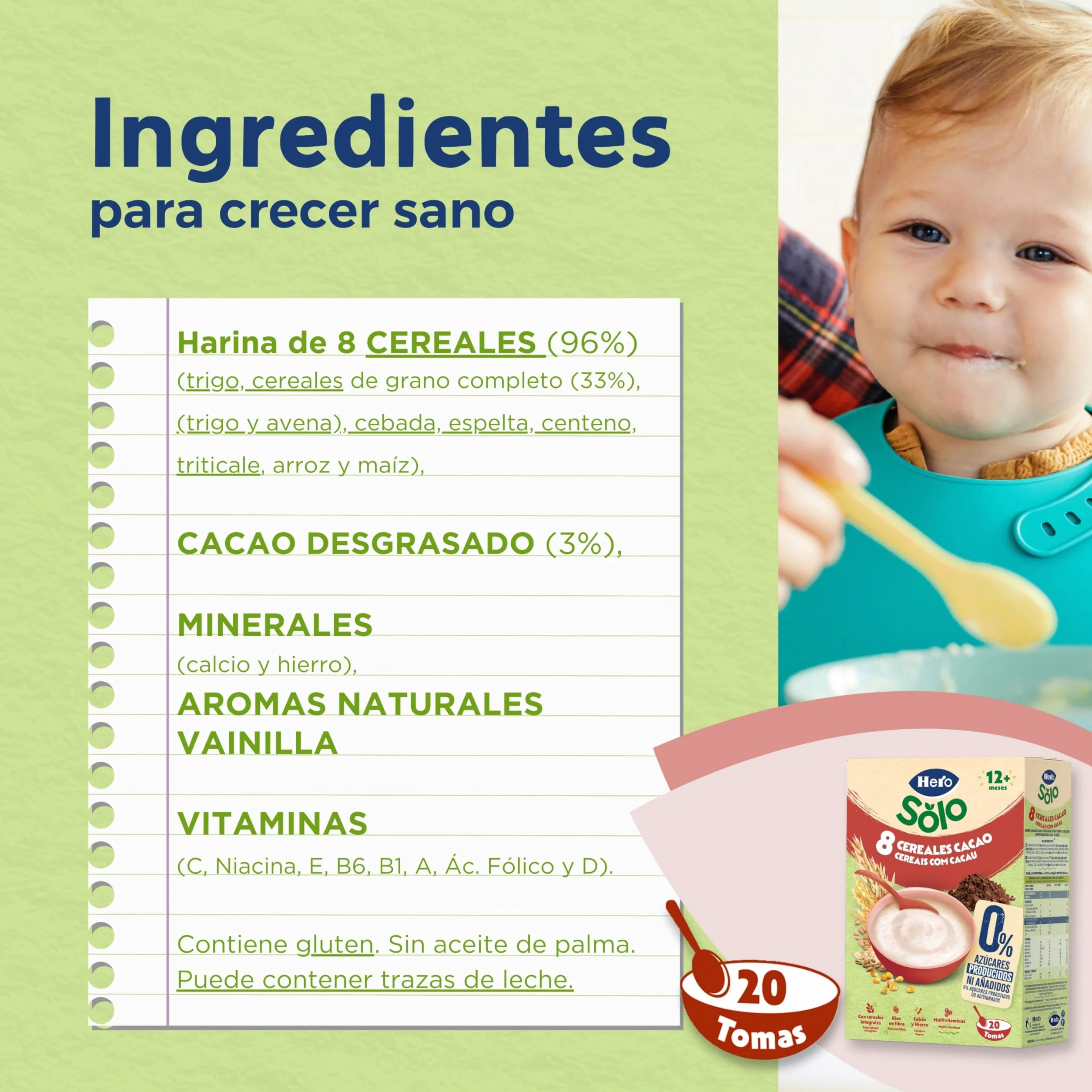 Hero Solo Papilla 8 Cereales con Cacao, Sin Azúcares Añadidos, Rica en Fibra y Vitaminas, Sabor Natural para Bebés, a partir de 12 meses