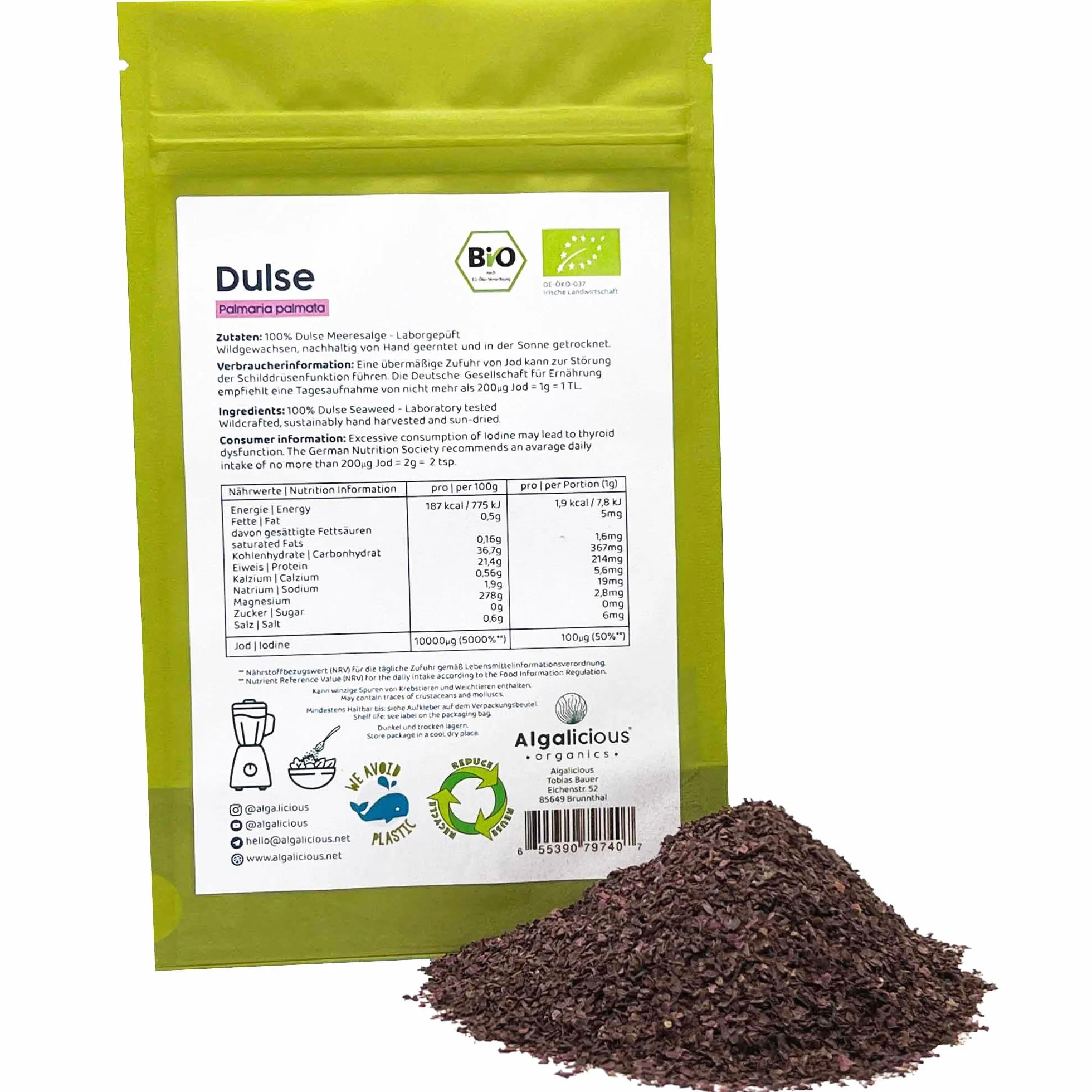 Bio Alga Dulse Copos 2 mm | 50 g de Atlántico Norte | Palmaria palmata es rica en vitamina B12 | ALGALICIOUS Algas irlandesas silvestres y recolectadas manualmente