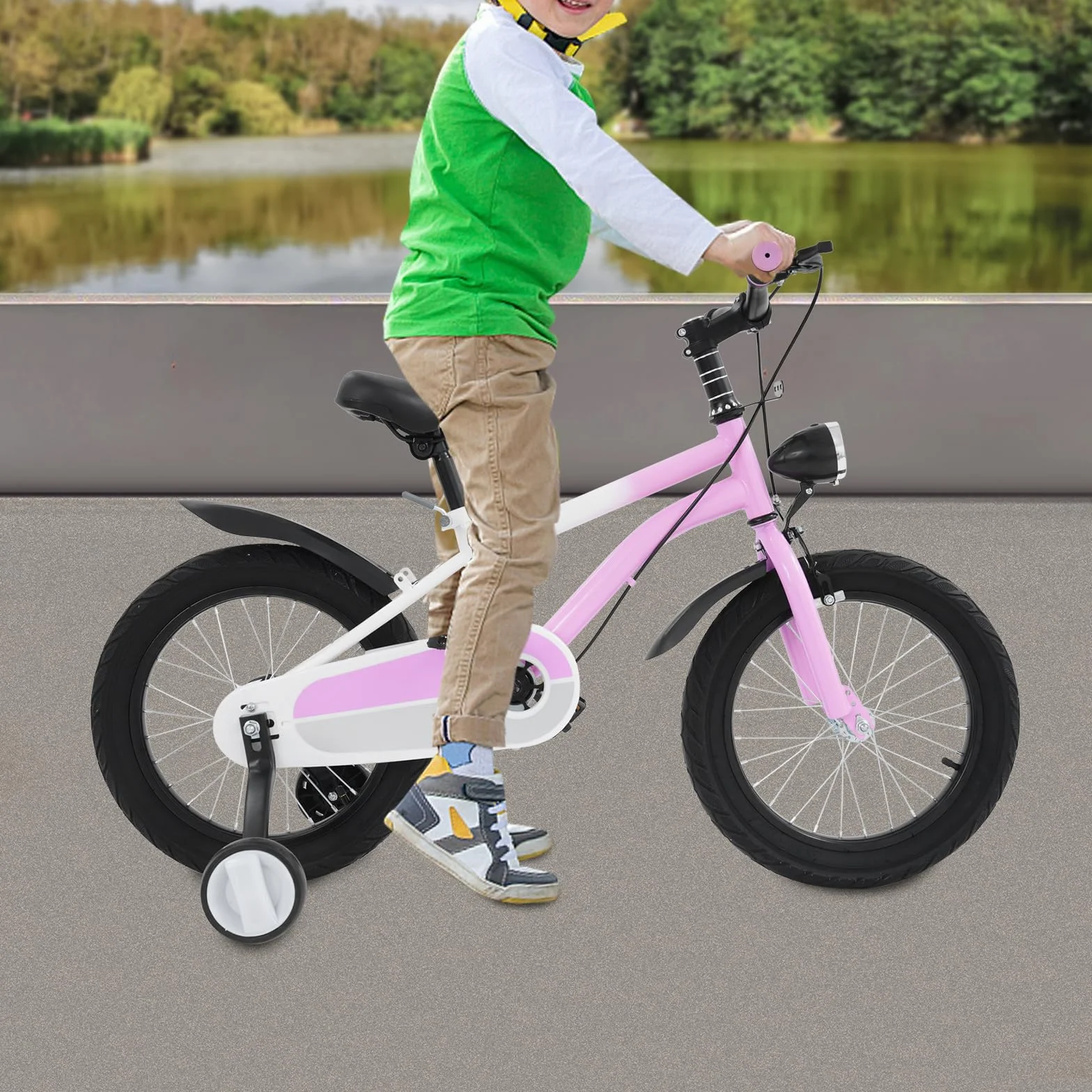 Bicicleta infantil 16 pulgadas freno disco luz LED ruedas estabilizadoras rosa ajustable sillín manillar carga 60 kg