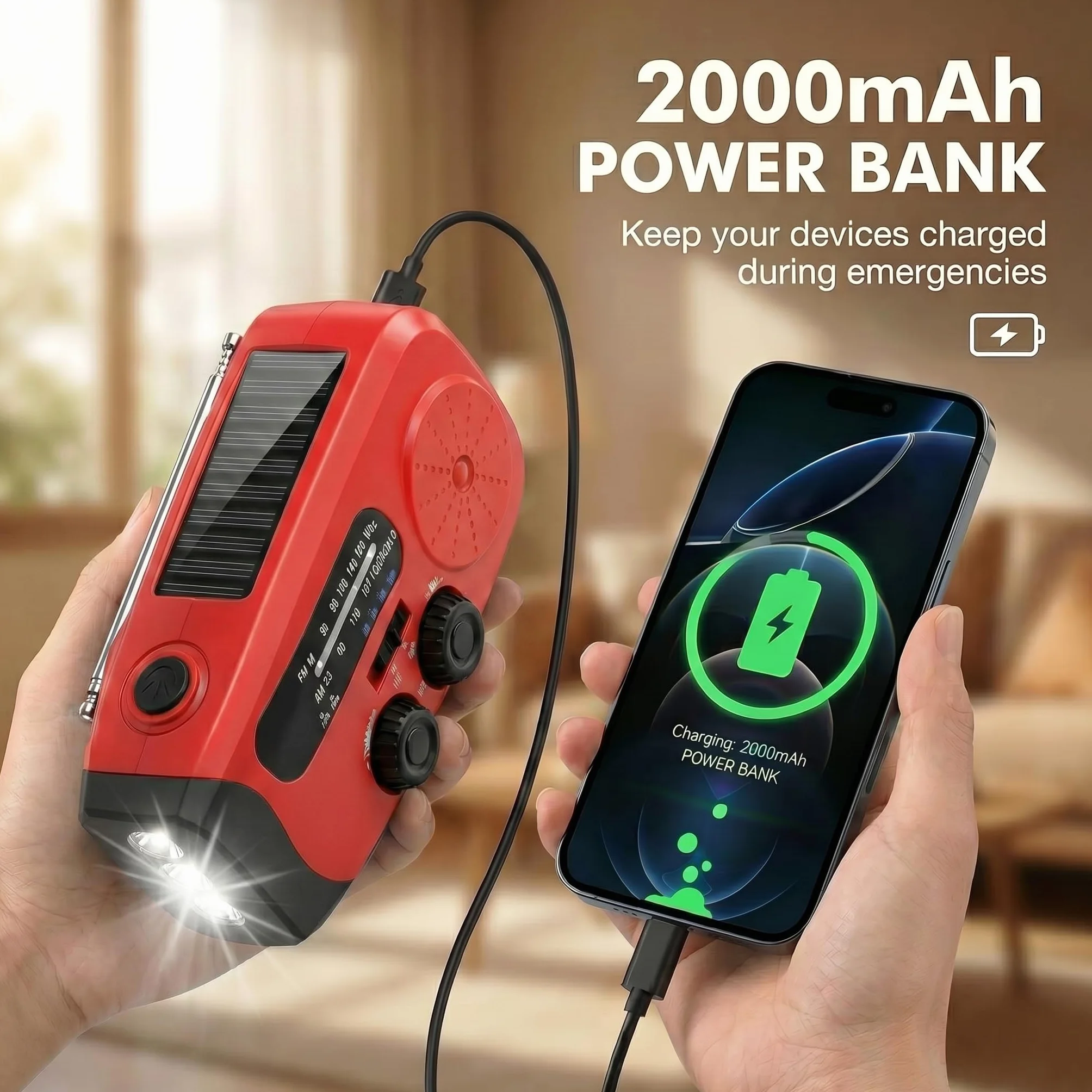 Radio Portátil de Emergencia Solar con Powerbank 2000mAh y Linterna LED, SOS-Alarm para Camping y Huracán