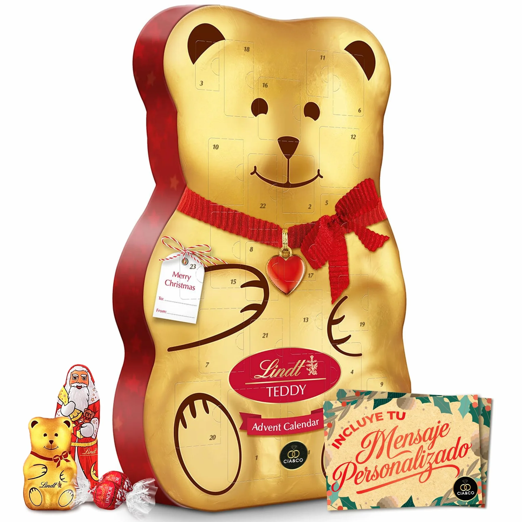 Gran Calendario de Adviento OSO TEDDY 2025 · Gran Formato 310 g · Incluye Tarjeta Personalizada Navidad Cia&Co · Surtido de Bombones y Figuras de Chocolate con Leche · Regalo Premium