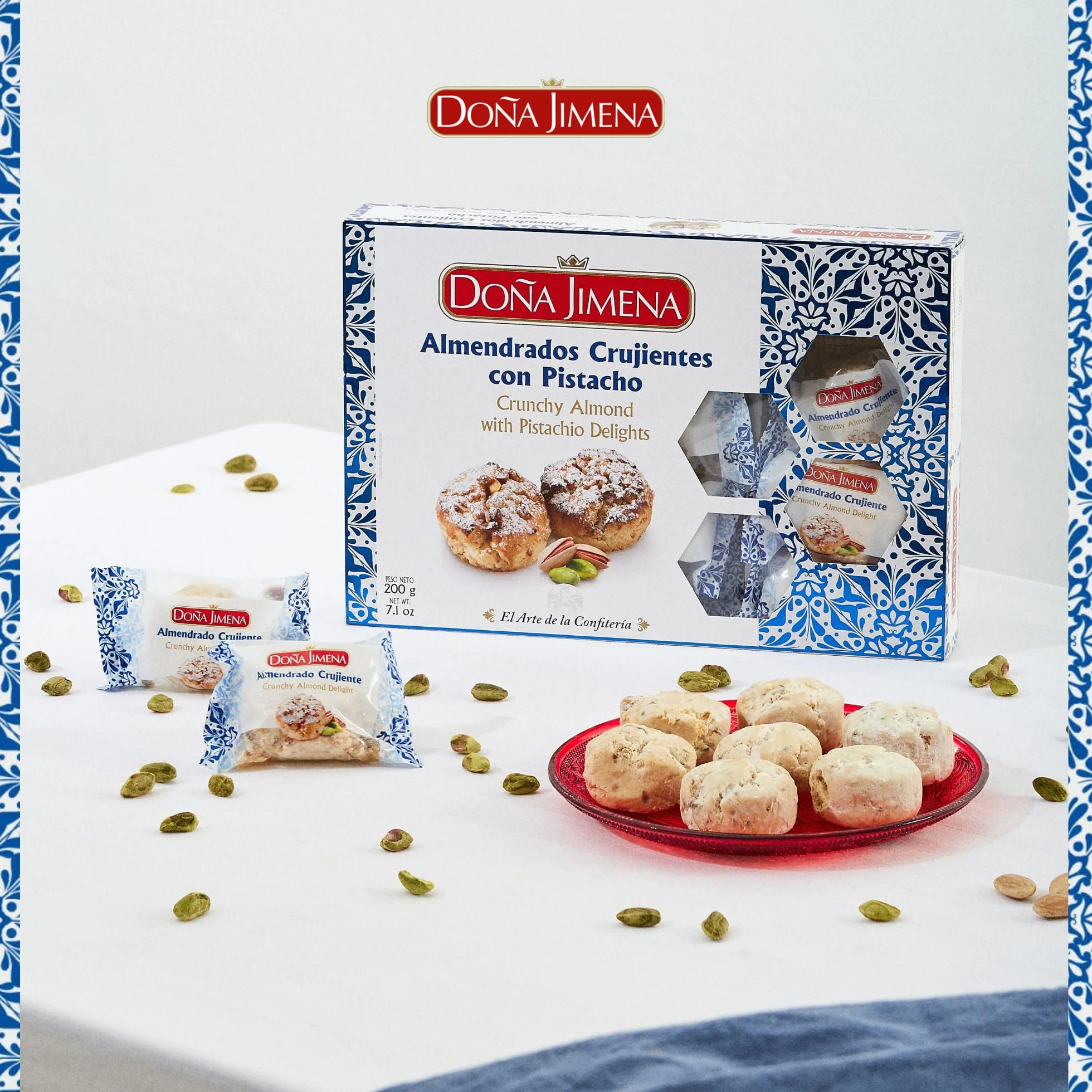 DOÑA JIMENA - Almendrados Crujientes con Pistacho, 200 g, Textura Crujiente con Pistacho y Almendra Tostada, Envasados Individualmente, Dulce Tradicional Español, Calidad Suprema