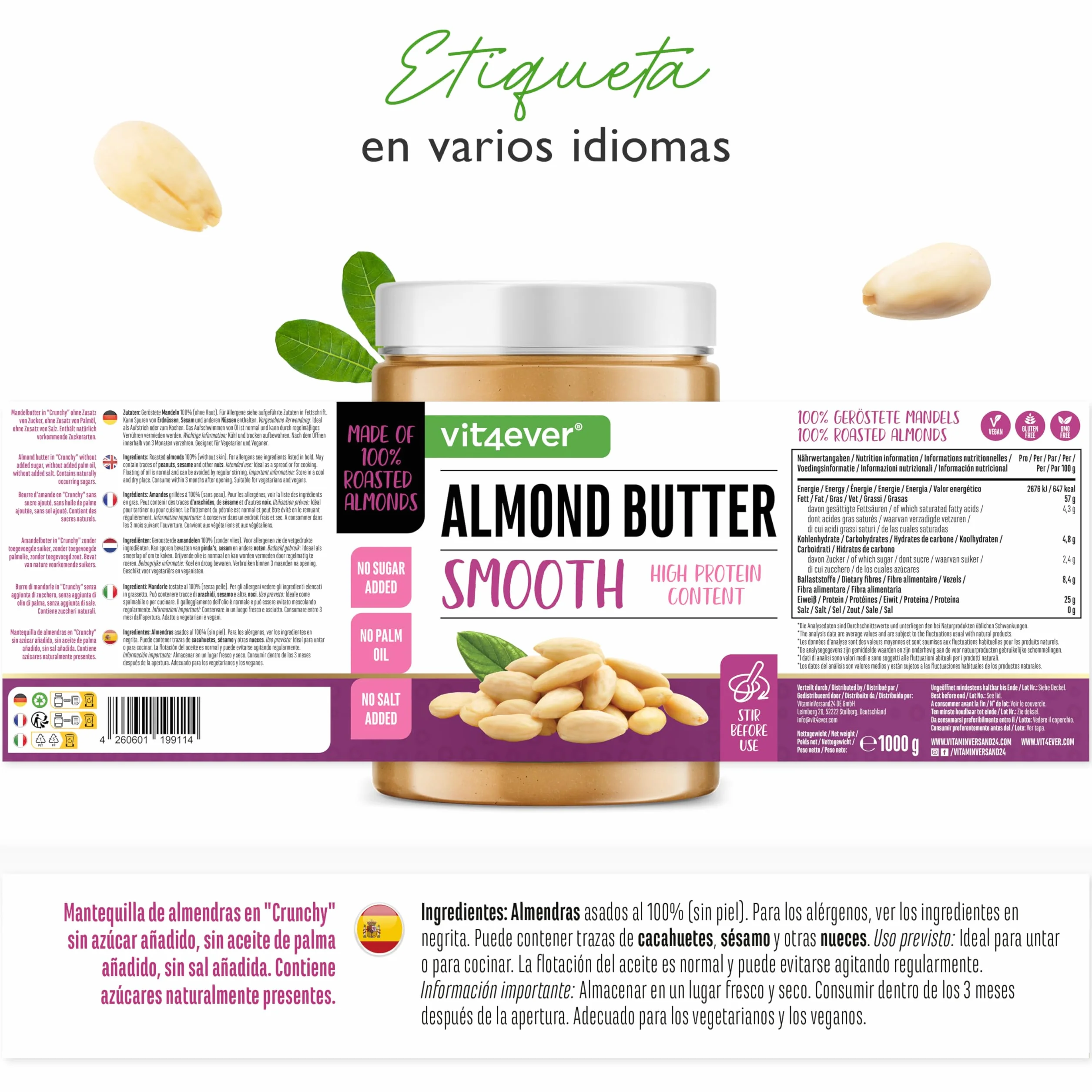 Mantequilla de Almendras Suave - 1kg de mantequilla de almendras natural sin aditivos elaborada con almendras 100% escaldadas - Alta en proteínas - Mantequilla de almendras cremosa sin sal, aceite ni