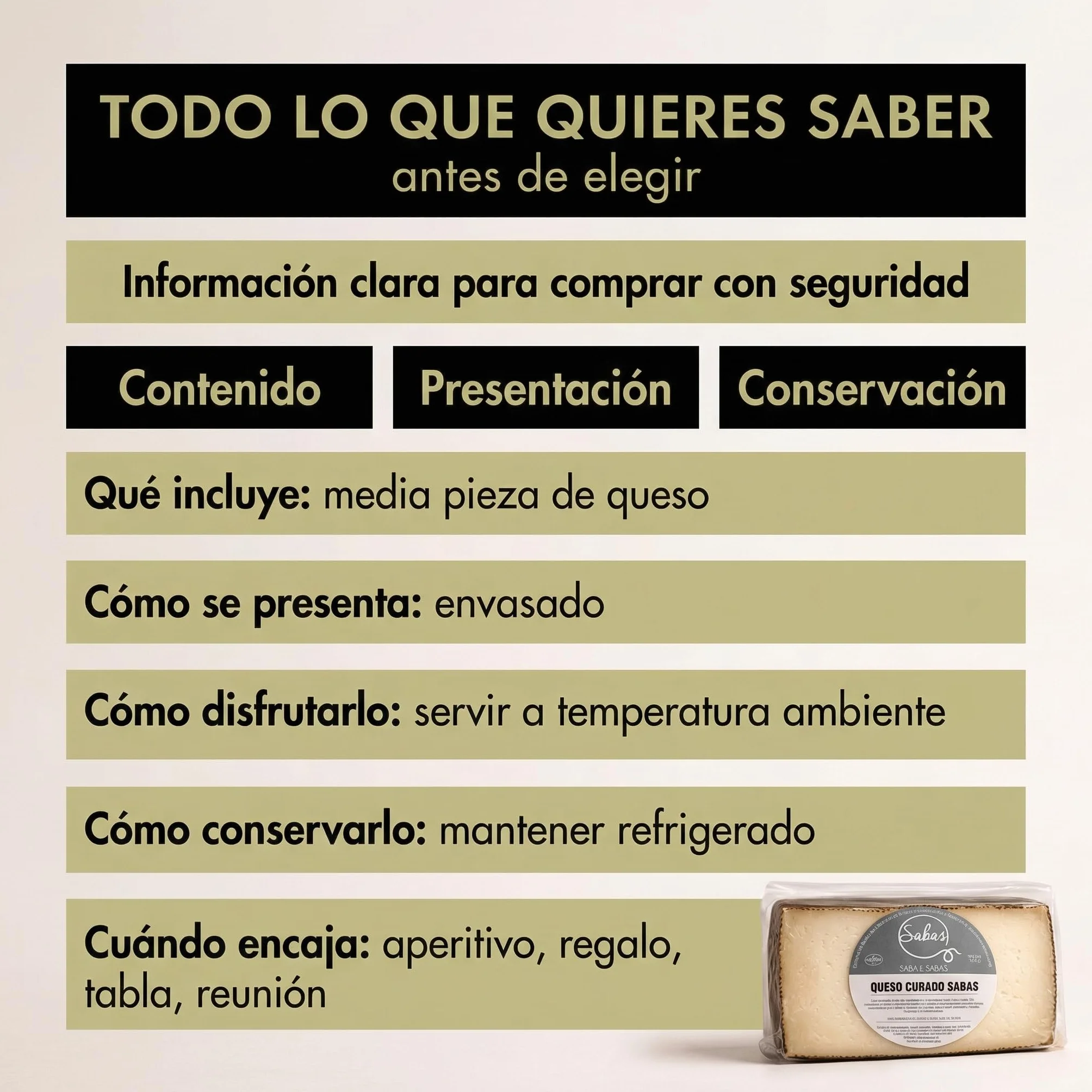 SABE A SABAS Queso Curado Mezcla Manchego Picantito 1,5 Kg Leche Cruda Vaca Cabra Oveja Media Pieza Gourmet