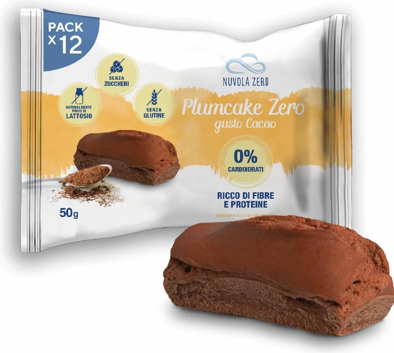 Nuvola Zero - Plumcake Zero Sabor Cacao Sin Carbohidratos, Snacks Sin Lactosa, Sin Azúcar, Sin Gluten, Rico en Fibra, Pack de 12 uds, Made in Italy
