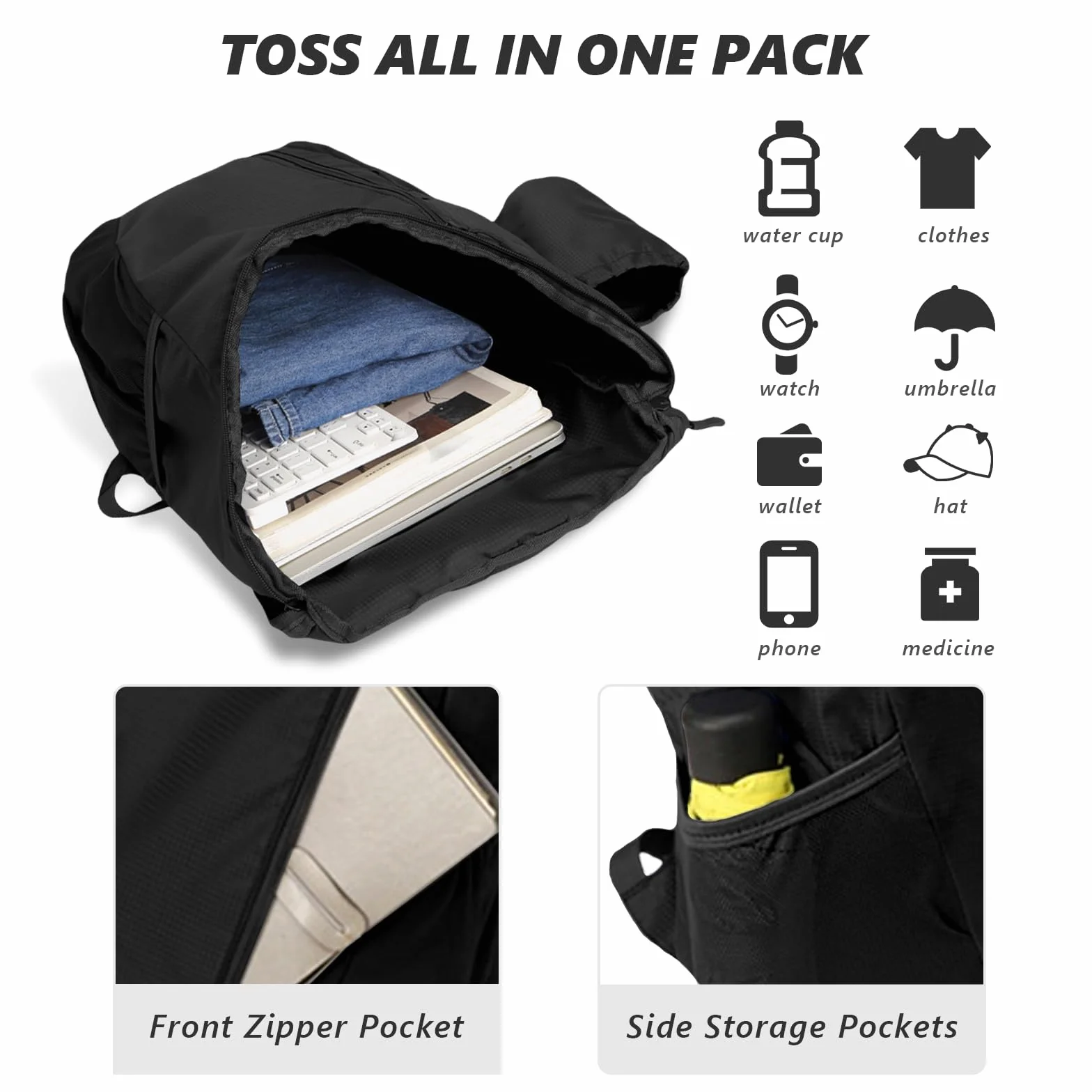 flintronic Mochila Plegable Ultraligera de Senderismo Impermeable, Trekking Viaje Campamento Negro