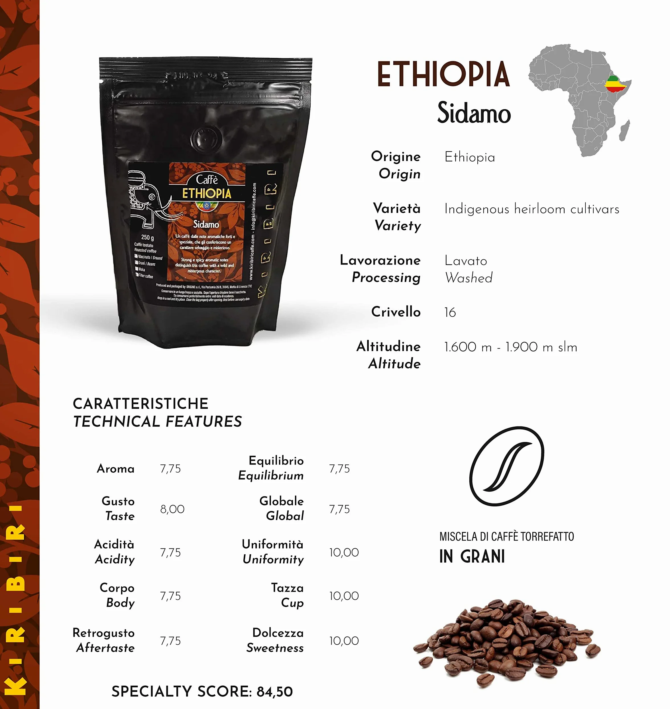 KIRIBIRI Café Especial de Origen 100% Arábica en Grano - Paquete de 4 x 250 g - Orígenes: Colombia, Costa Rica, Perú Orgánico, Etiopía