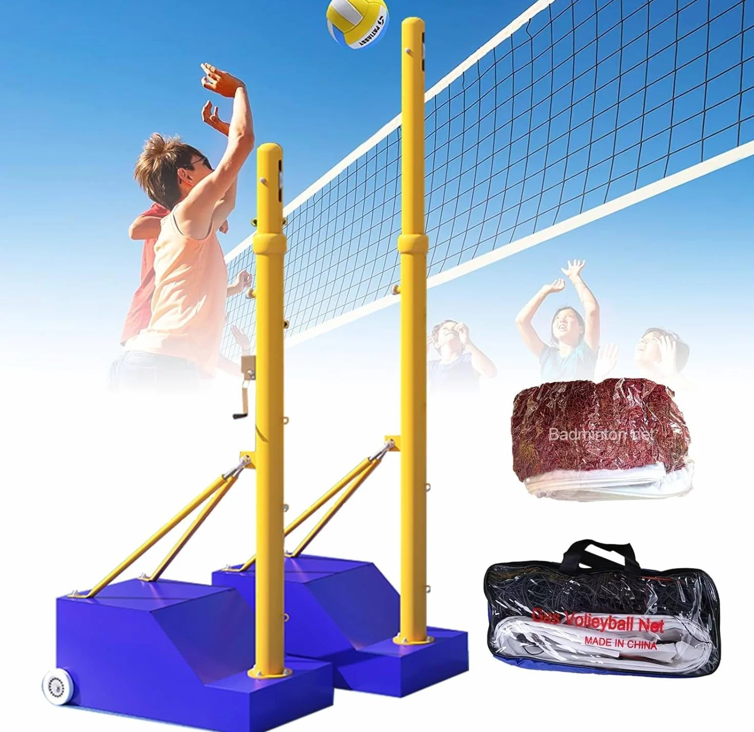 Postes De Voleibol con Base Estable, Red Ajustable 1,55-2,1 m, para Patio Exterior Adultos Niños