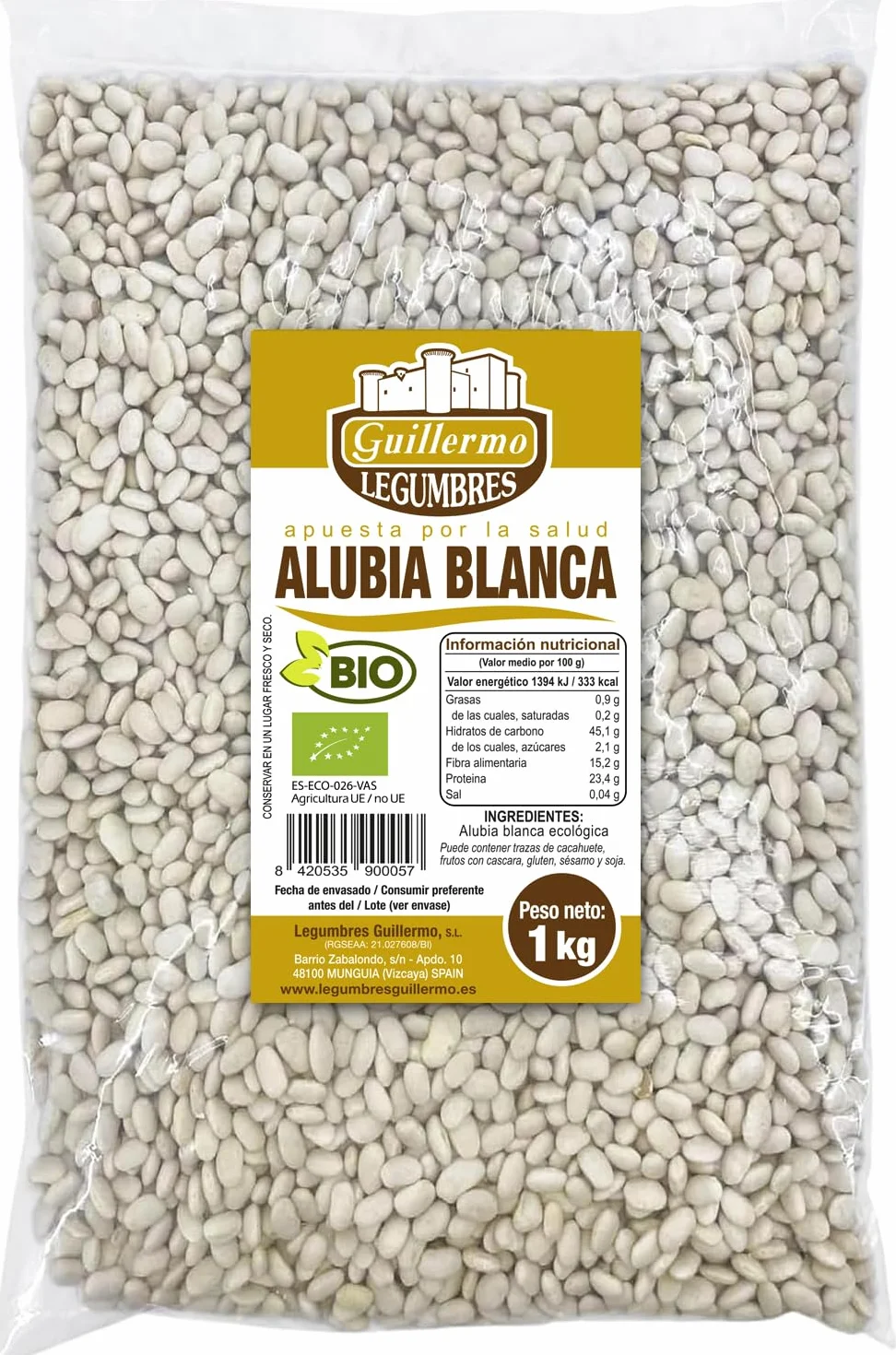 Guillermo | Alubia blanca BIO - Bolsa 1kg. | 100% ecológico | Gran fuente de proteínas vegetales, hidratos de carbono, minerales y vitaminas