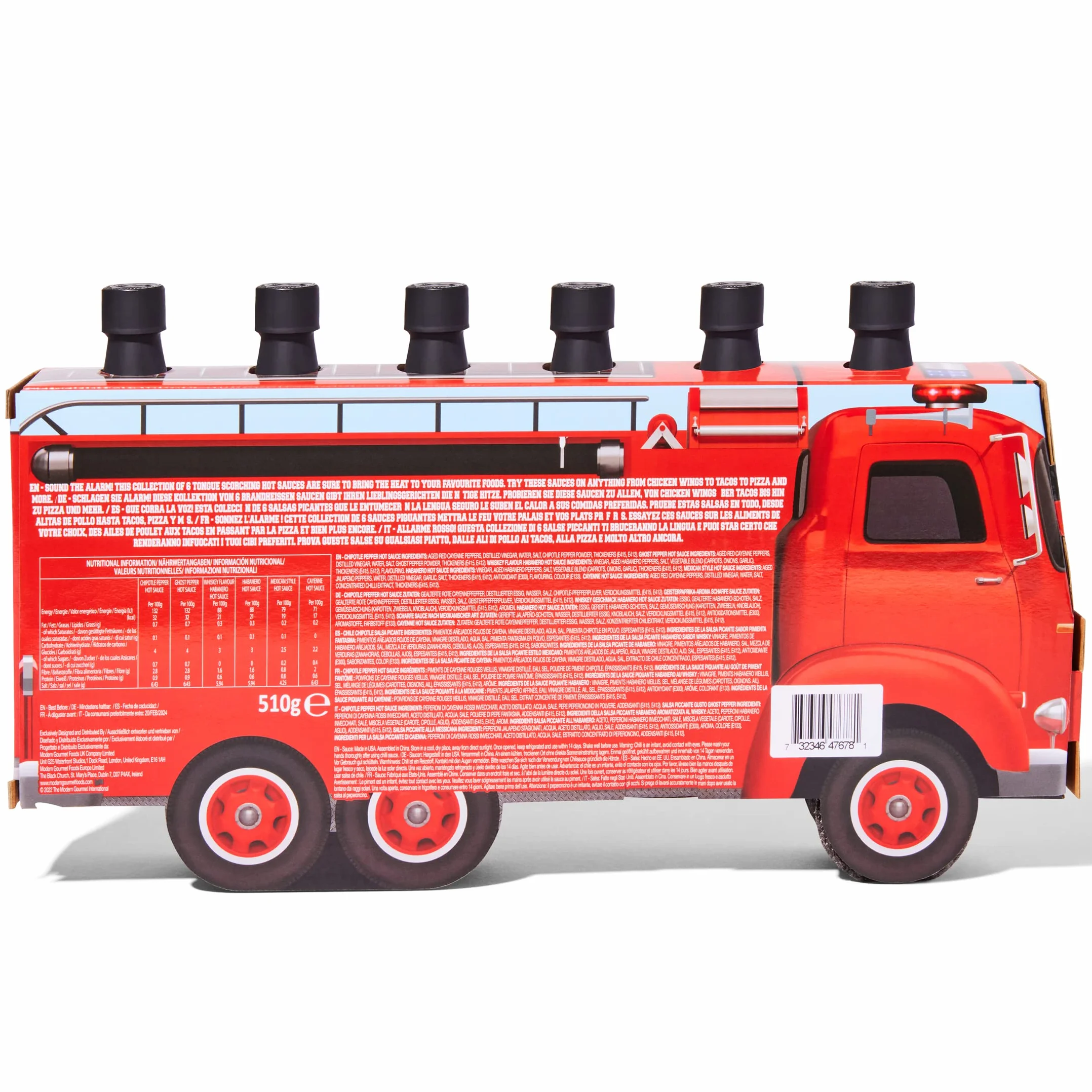 Thoughtfully Gourmet – Set de 6 Salsas Picantes – Regalo para Hombre – Ghost Pepper, Cayena, Chipotle – Pack Salsas Picantes en Camión de Bomberos – Regalo Barbacoa – 6 x 85 g