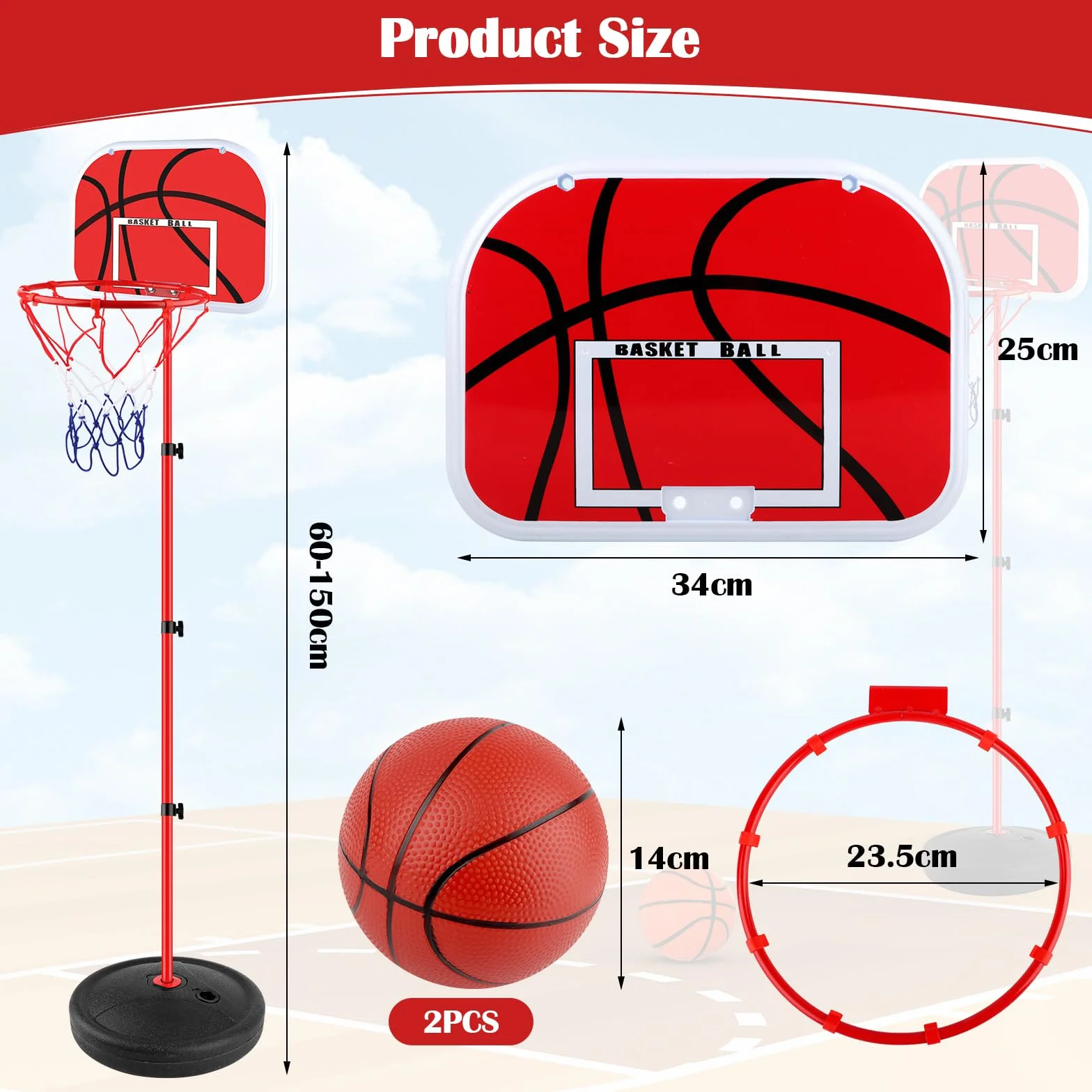 Canasta Baloncesto Infantil Aro Basket Niños Base Exterior Altura Regulable 60-150cm Kit 2 Pelotas Bomba