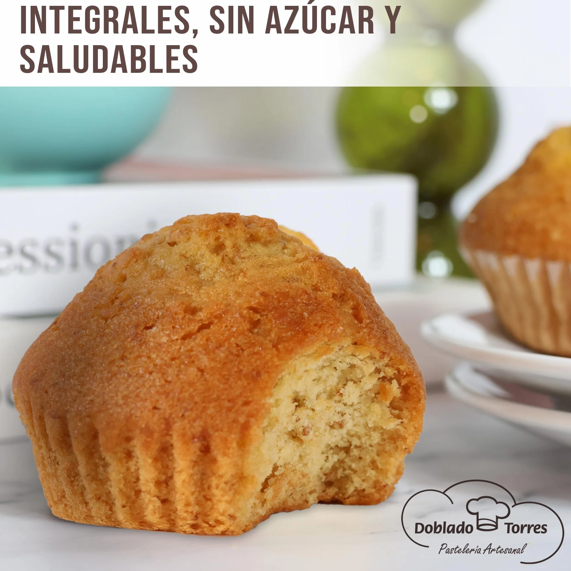 Doblado Torres Magdalenas Integral Sin Azúcar - Magdalenas Caseras con Huevos Frescos. Bollería Sin Azúcar. Ideal para un Desayuno Saludable. Envasadas Individualmente 24 unidades