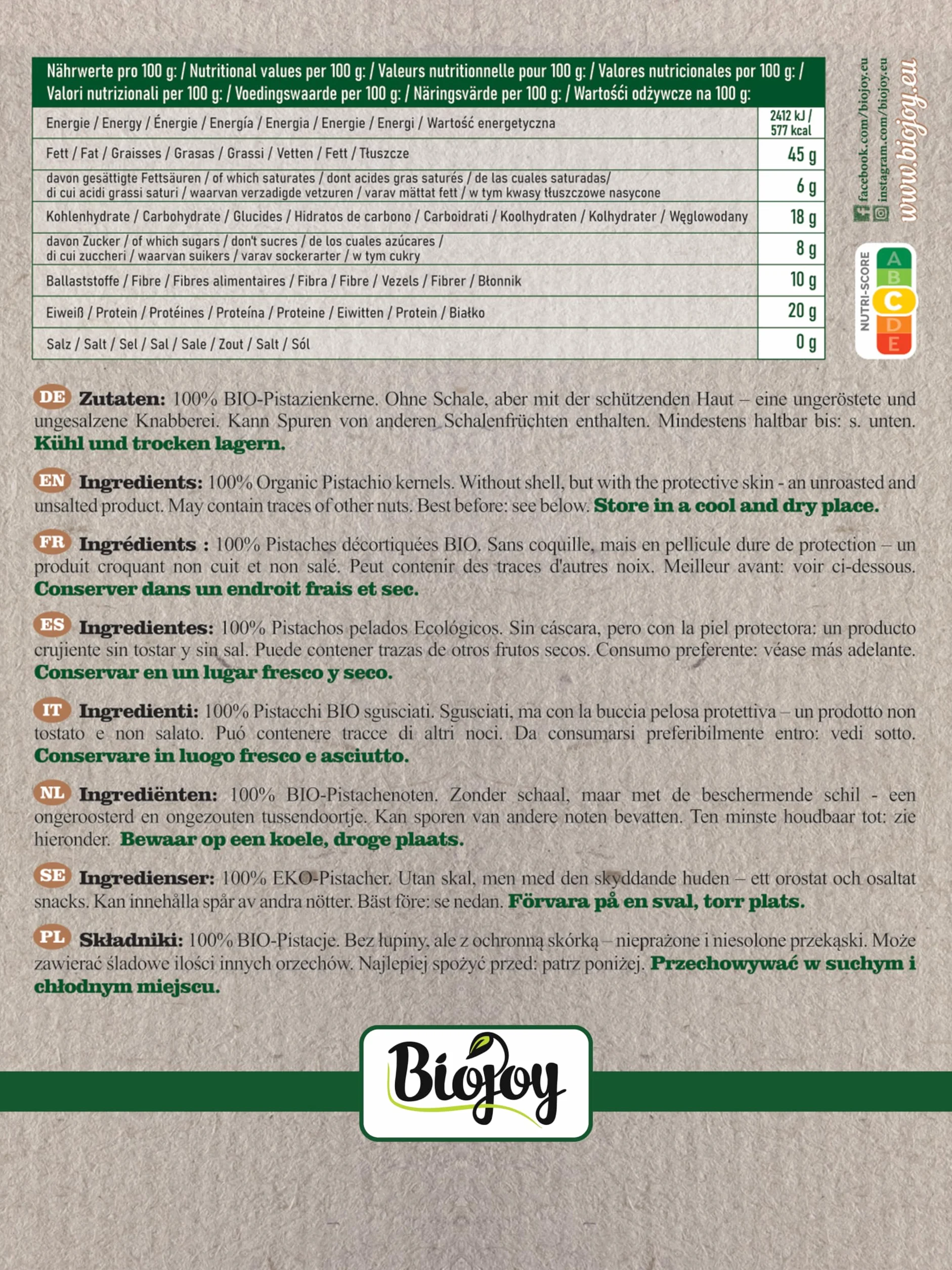Biojoy Pistachos Pelados Ecológicos (500 g), crudos y enteros, sin sal