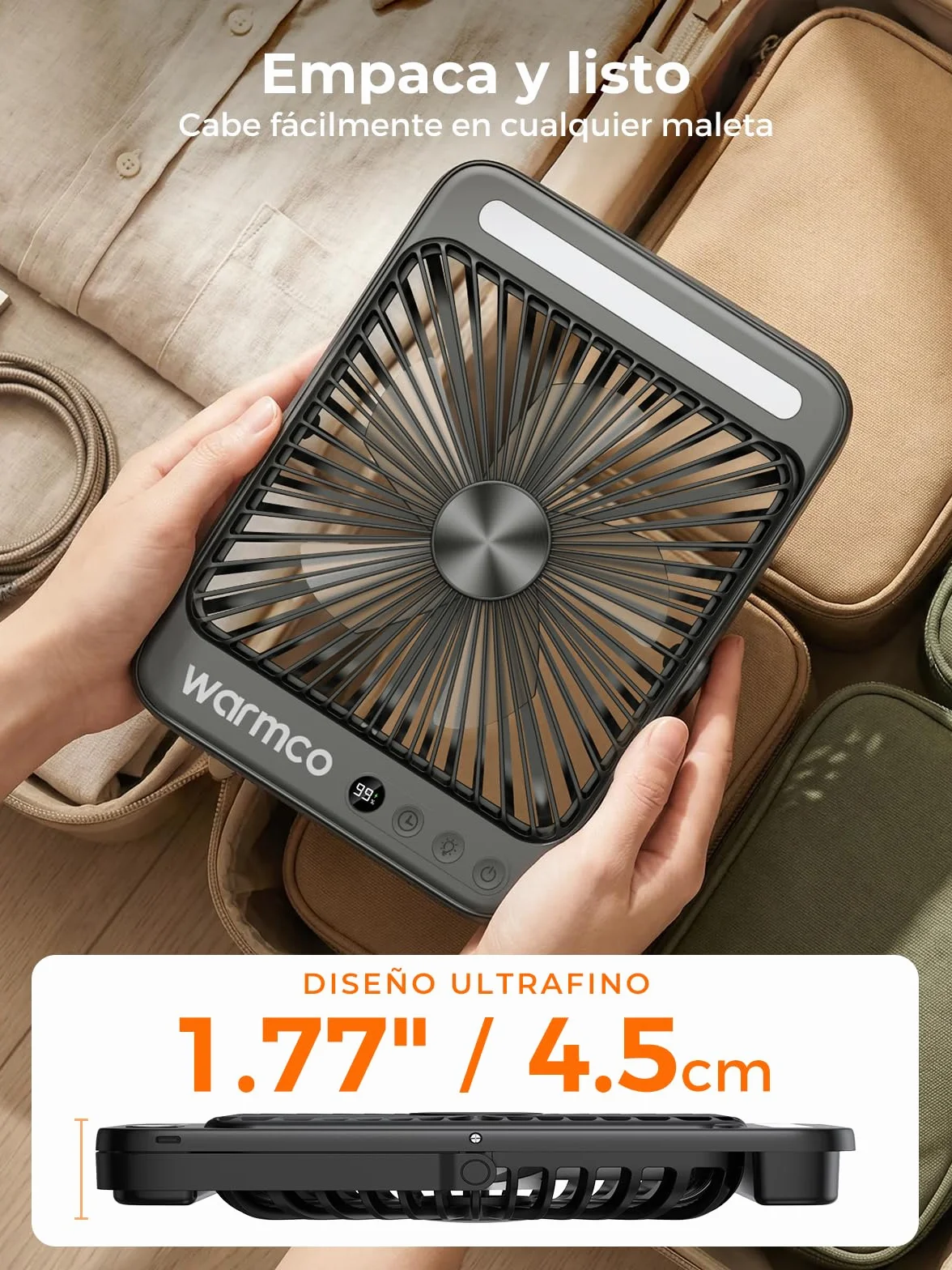 Ventilador Camping 20000mAh 27cm Recargable con Luz Carga Rápida 22,5W Autonomía 48H