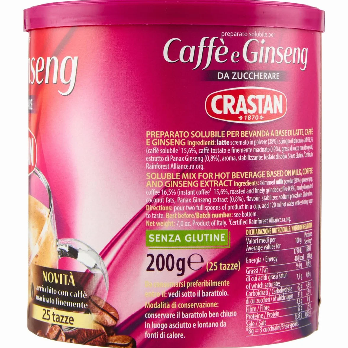 Crastan Ginseng e Caffe' Solubile, sin azúcar, ginseng instantáneo y café, 2 x (200 g, 25 tazas) + llavero Beni Culinari gratis