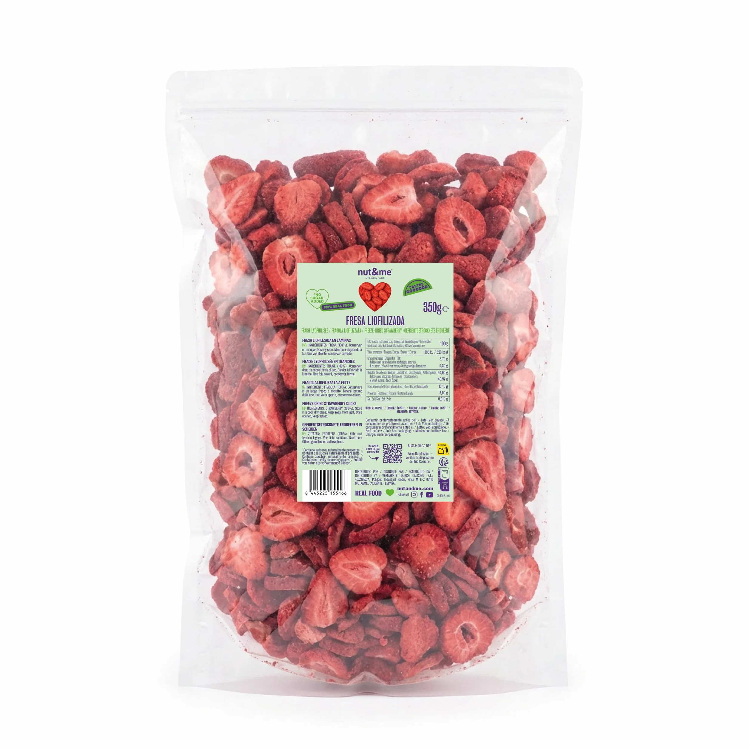 nut&me Fresa liofilizada en rodajas 350 gr | 100% Fresas naturales deshidratadas | Naturalmente dulces | Sin azúcares añadidos, aditivos, OGM y Gluten | Retenido de Vitaminas | Vegano