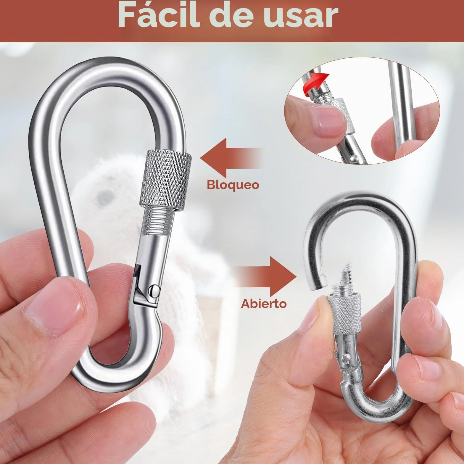 Mosquetones de Acero Inoxidable de Seguridad 200 kg 38 x 80 mm para Exteriores
