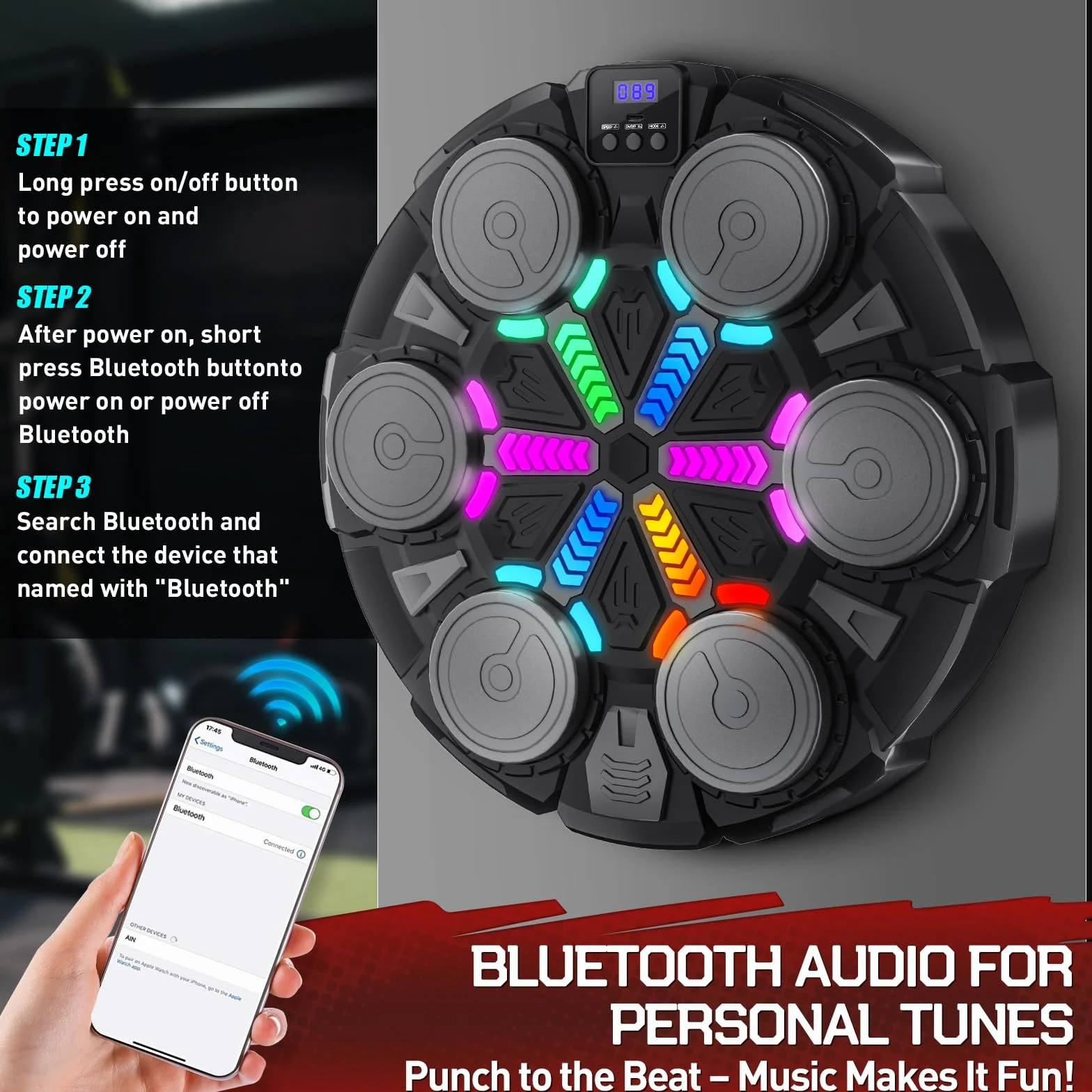 Máquina de Boxeo Musical Bluetooth con Conteo y Luces Ajustables para Entrenamiento en Casa