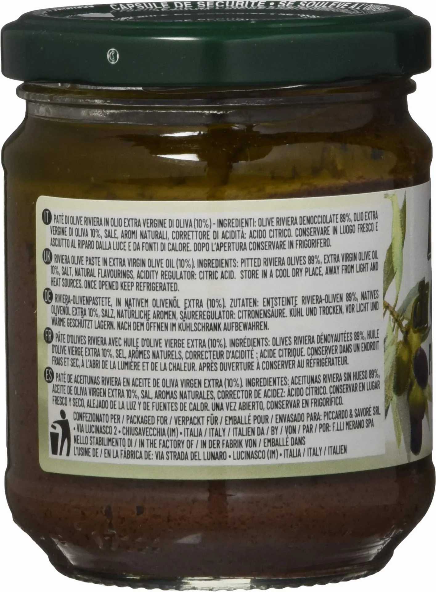 Le Terre di Colombo Pasta de Aceitunas, Riviera en Aceite de Oliva Virgen Extra 10 %, Tarros de 212 Ml Lote de 6