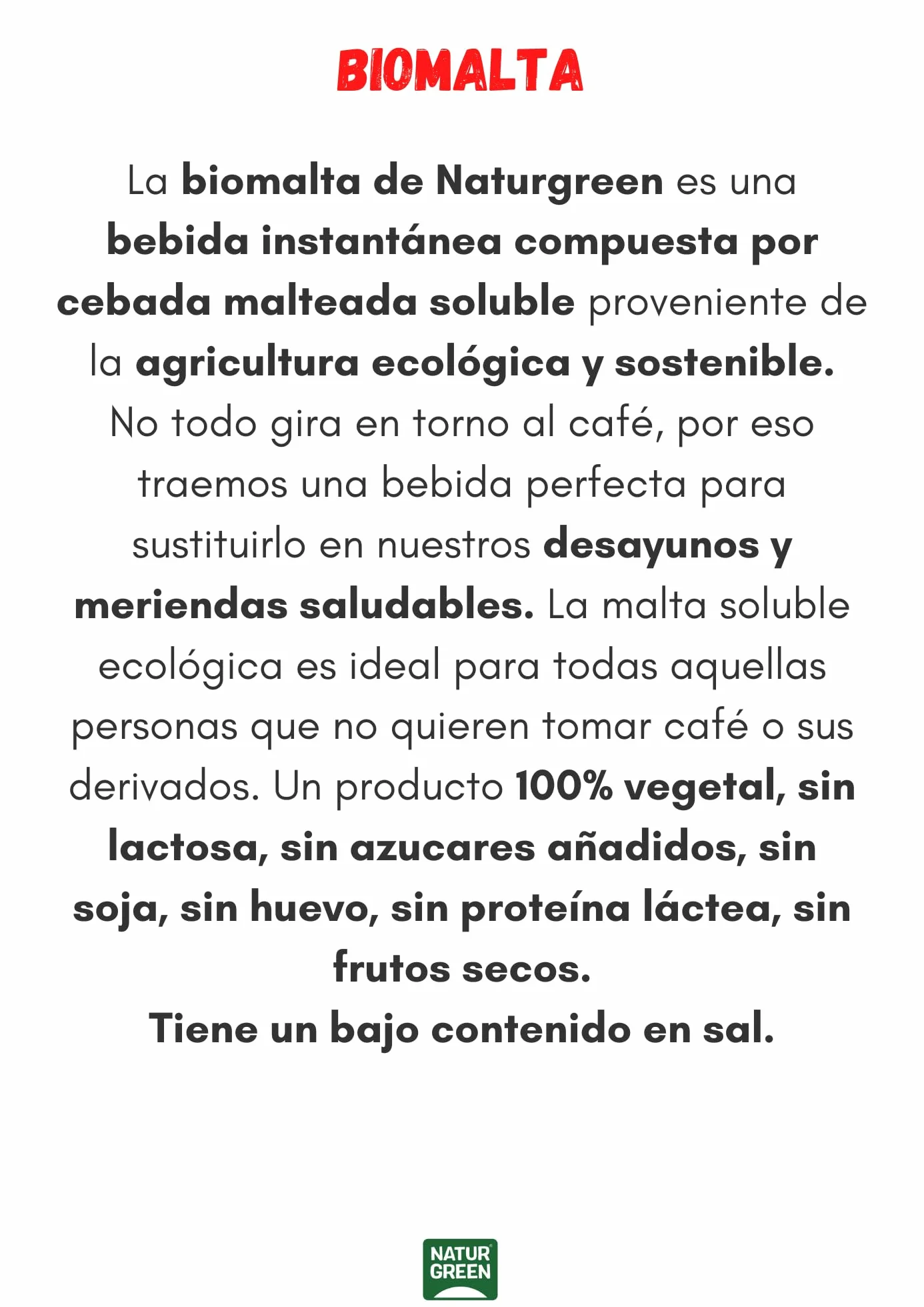NaturGreen - BioMalta Instantánea Ecológica, Pack 6 x 100 g, Malta Soluble Bio en Polvo, Bebida de Cebada Malteada 100% Vegetal, Alternativa al Café, Sin Cafeína, Sin Lactosa, Sin Azúcar Añadido