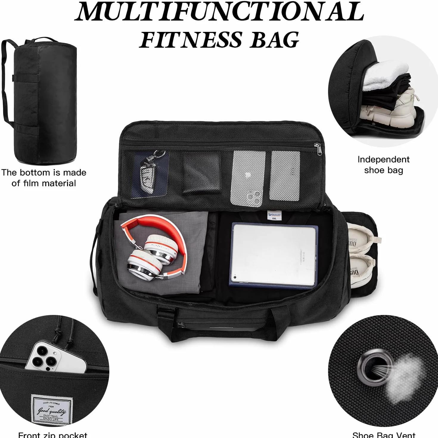 Bolsa de deporte 60 L con compartimento para zapatos, Negro