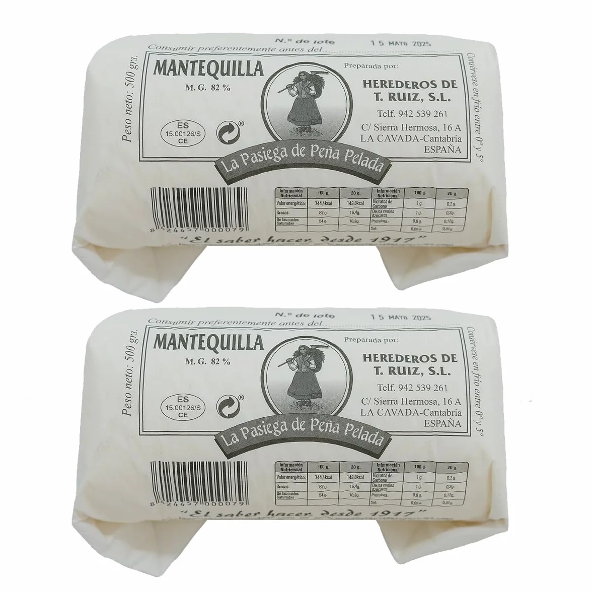 LA PASIEGA DE PEÑA PELADA Mantequilla Artesanal, PACK DE 2 Rulos de 500 gr (aprox) en Papel Sulfurizado, 82% Materia Grasa, Sabor Tradicional y Natural - Origen Cantabria