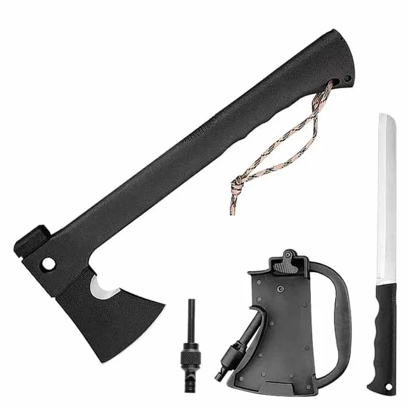 AXIUM Hacha táctica 5 en 1 Multifuncional con Sierra, Martillo, Silbato de Emergencia y Funda ABS para Camping