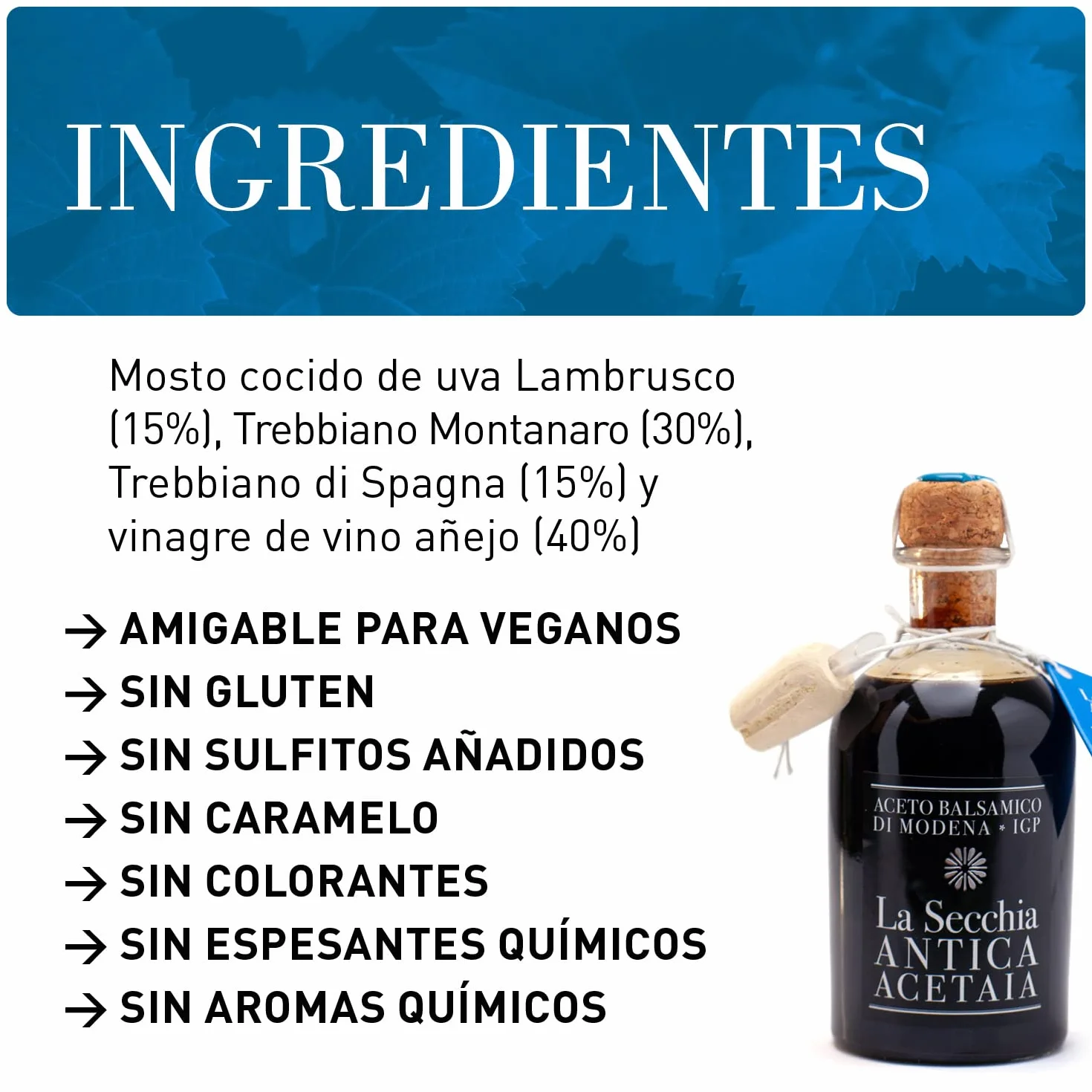 La Secchia - Aceto Balsámico de Módena IGP "Tres Estrellas", madurado en 12 barricas de Cerezo-Morera, densidad media, botella de 250 ml con tapón dosificador de corcho.