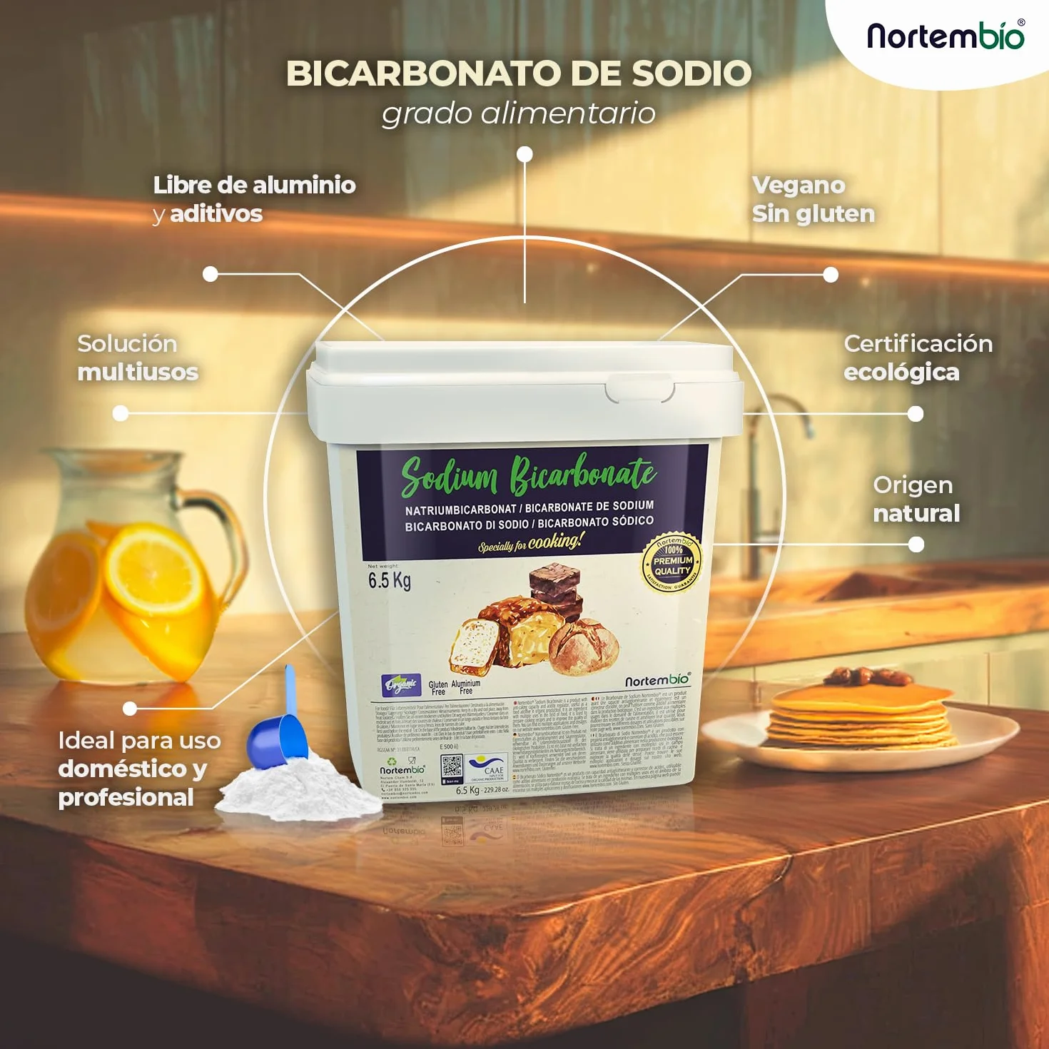 Nortembio Bicarbonato de Sodio E500(ii) 820 g - Aditivo Alimentario para Cocina y Repostería, Calidad Gourmet, Alta Pureza 100% Natural + eBook GRATIS
