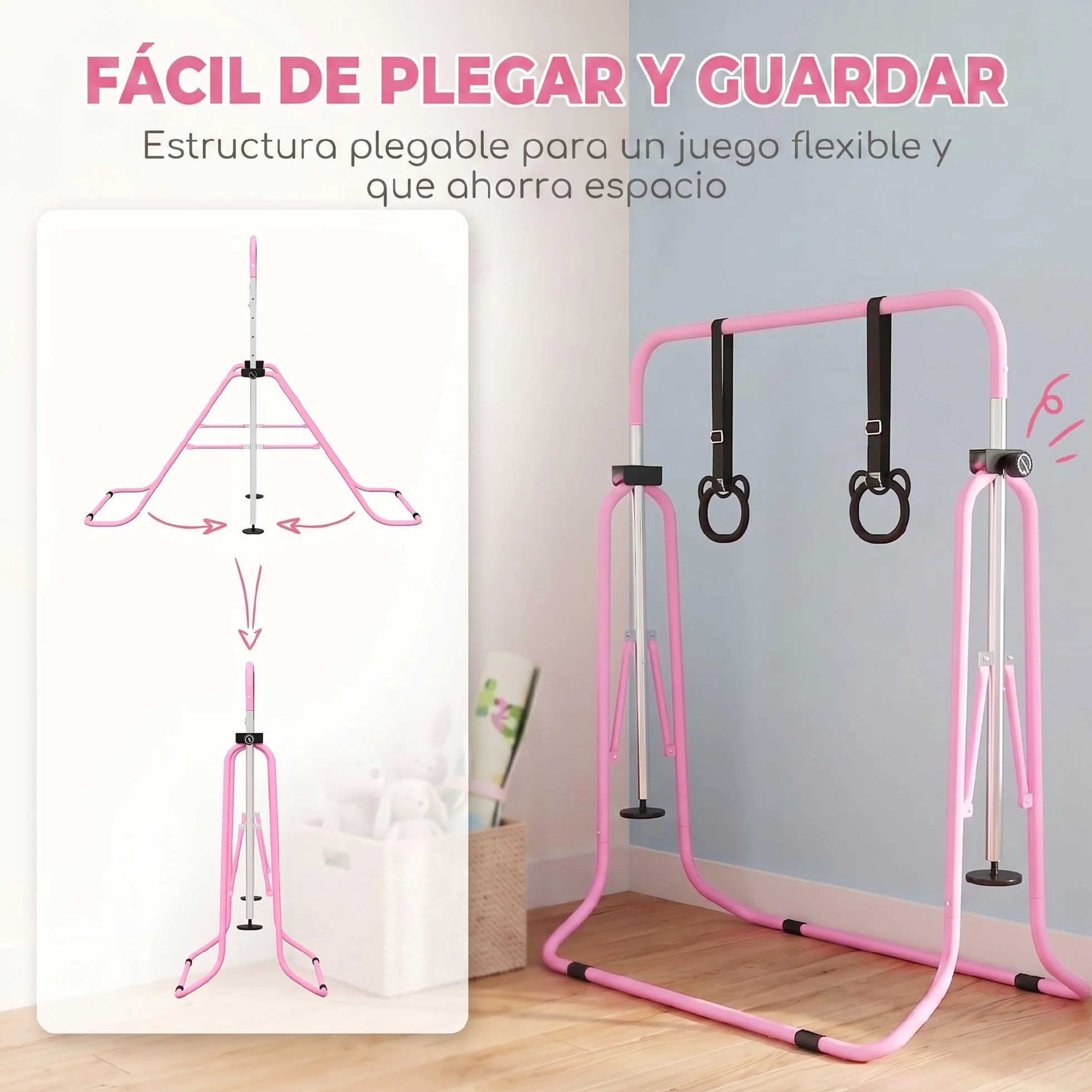 HOMCOM Barra de Gimnasia Plegable para Niños con Altura Ajustable 5 Niveles y Anillos